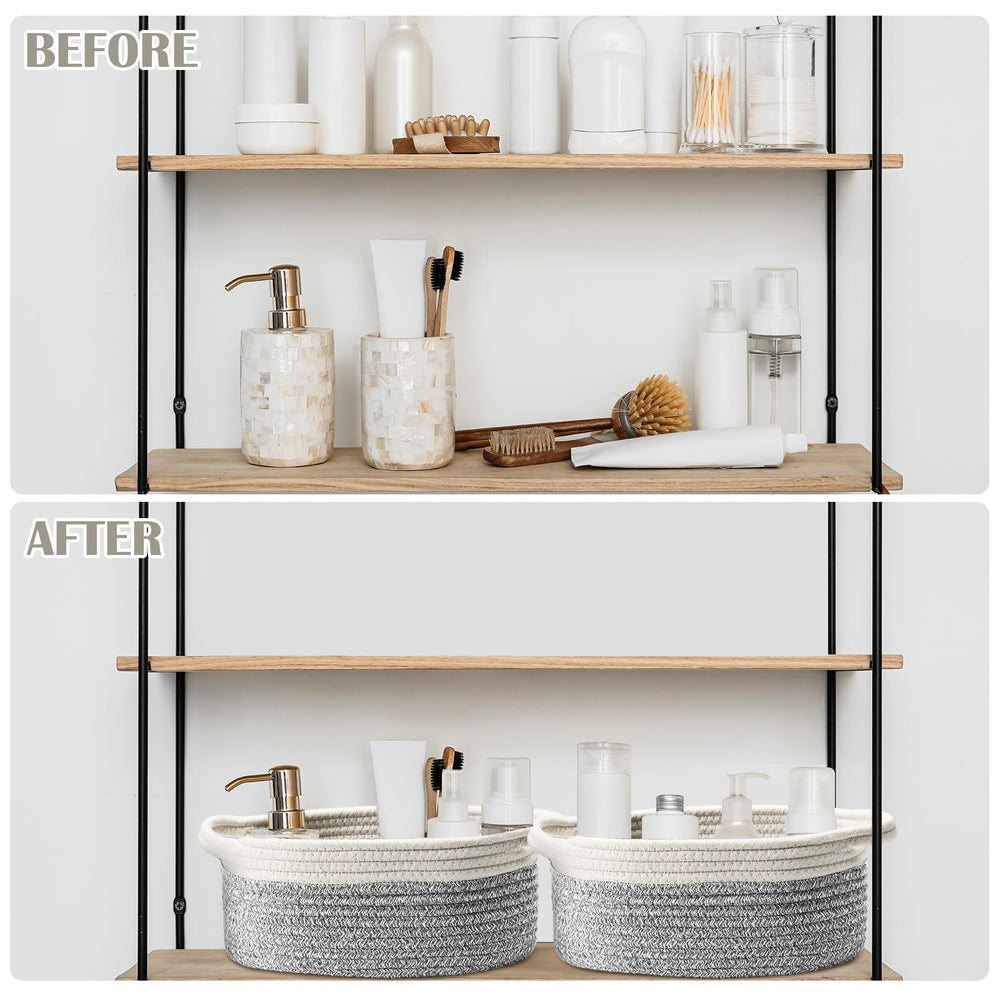 Suttmin multipurpose gray basket set shown in multiple rooms