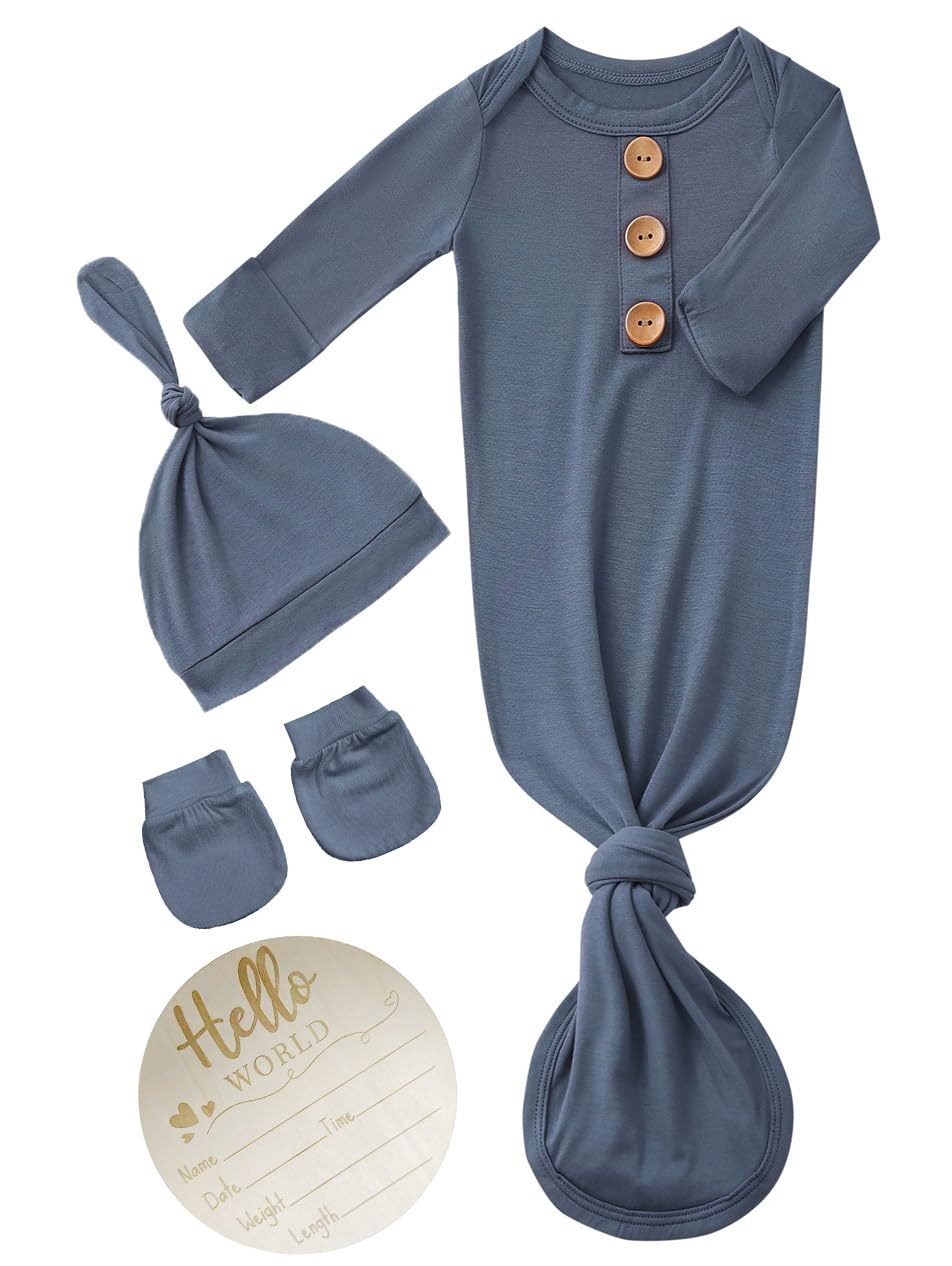 SUZEL newborn knotted gown navy with announcement sign for keepsake photos and comfort
