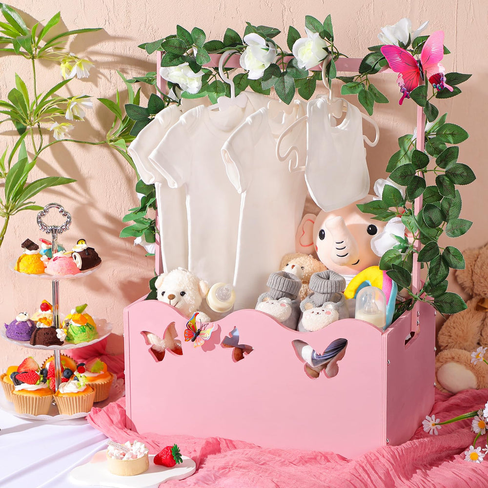 Suzile pink crate holding diapers and toys, flexible storage for busy parents.
