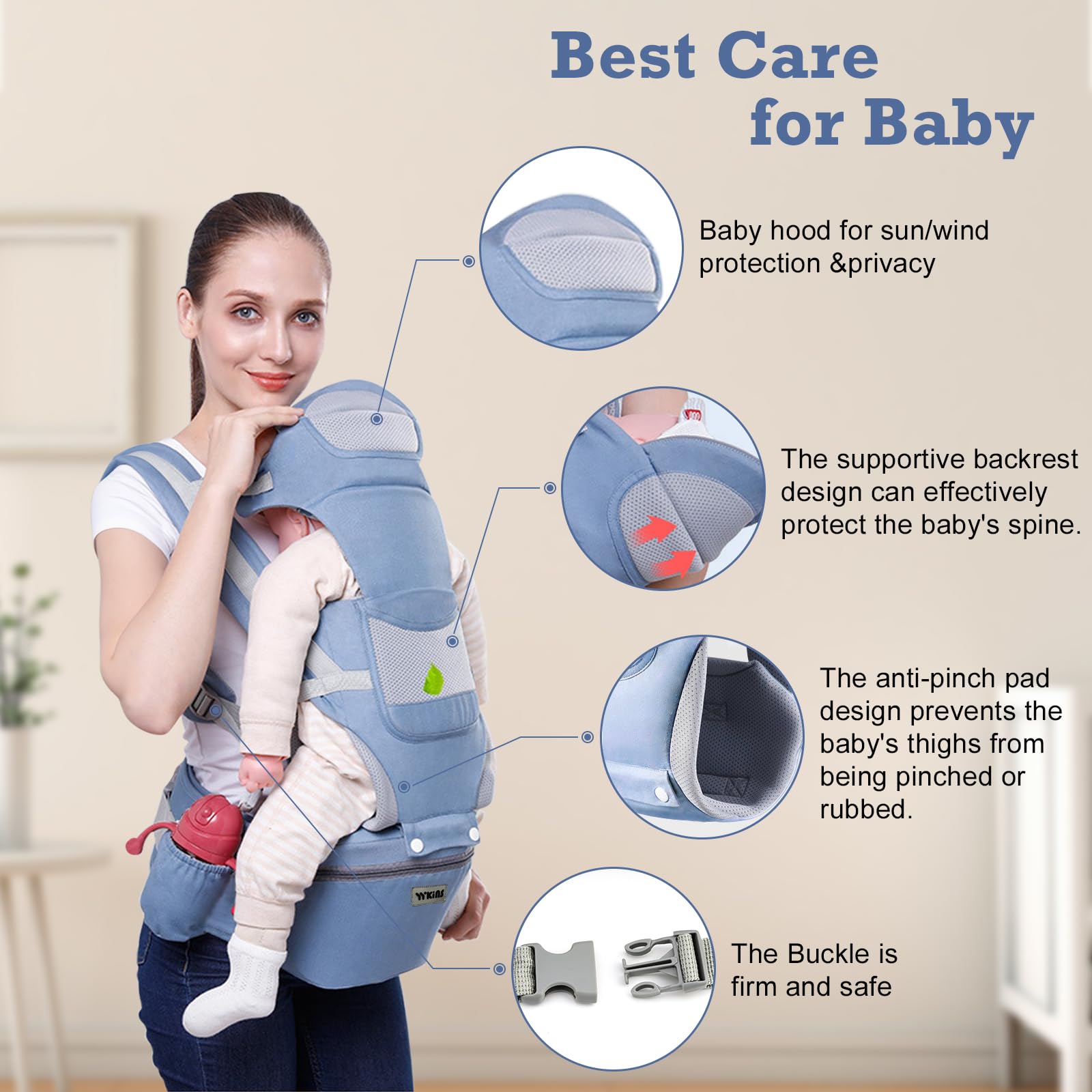 SVANE baby carrier adjustable-size blue: grows with child, maintains alignment
