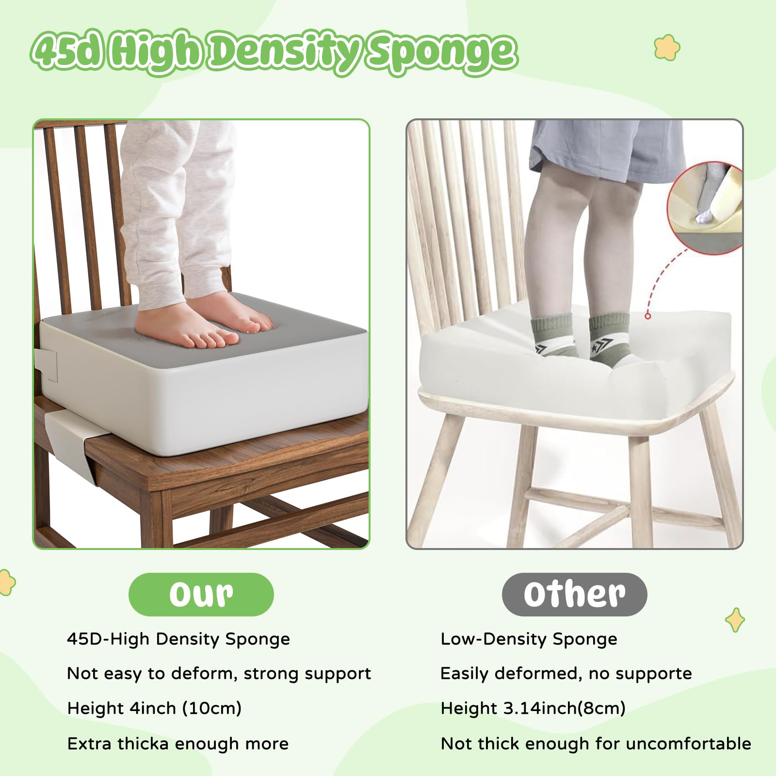 Svikibe booster seat uses 45D foam for supportive, comfortable seating.