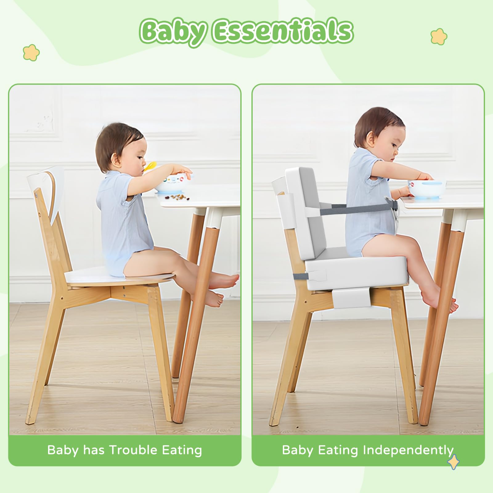 Svikibe booster seat safety buckle adds secure restraint during meals.
