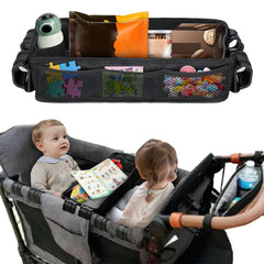 Svikipibe stroller snack tray shown on a W4 wagon with secure side clips.