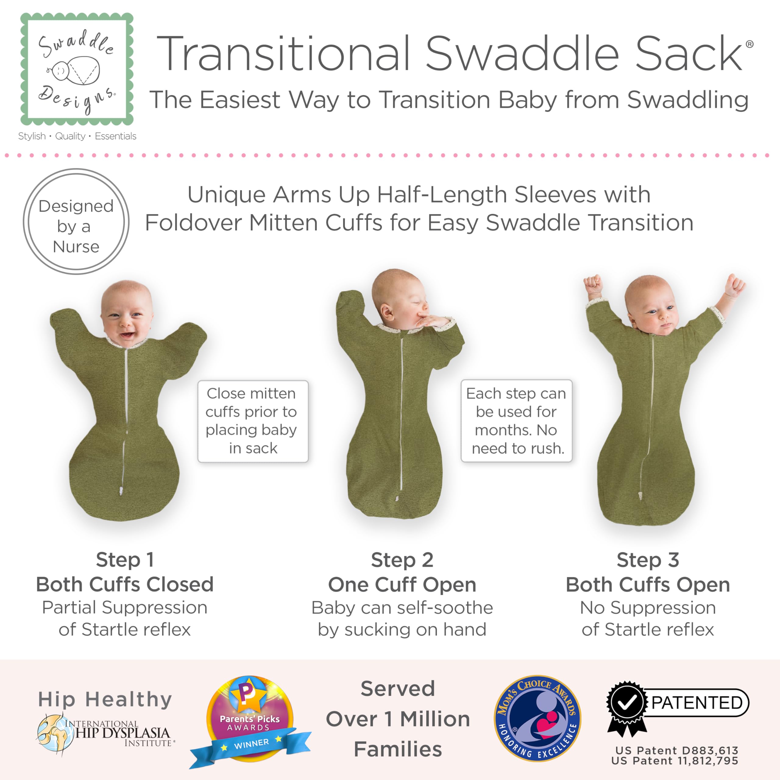 SwaddleDesigns foldover cuffs open or closed to protect from scratches and aid soothing