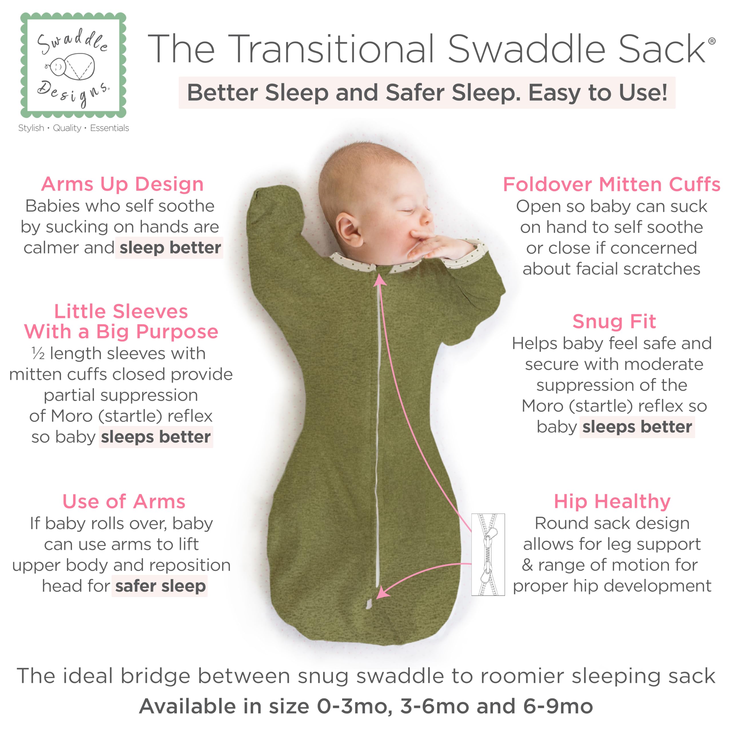SwaddleDesigns transitional half-length sleeves with mitten cuffs for adjustable security