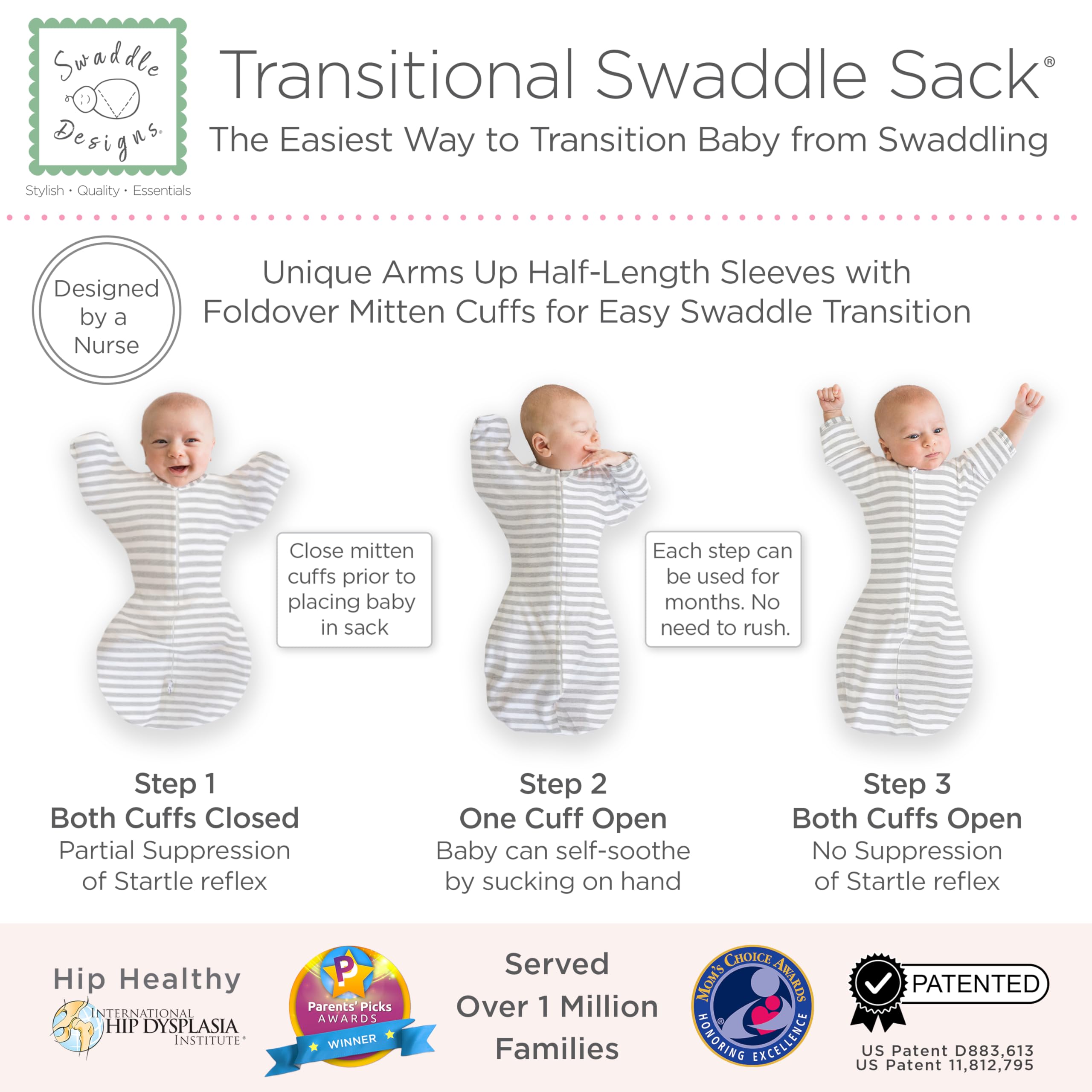 SwaddleDesigns Transitional Swaddle Sack with 2-way zipper for easy diaper changes.