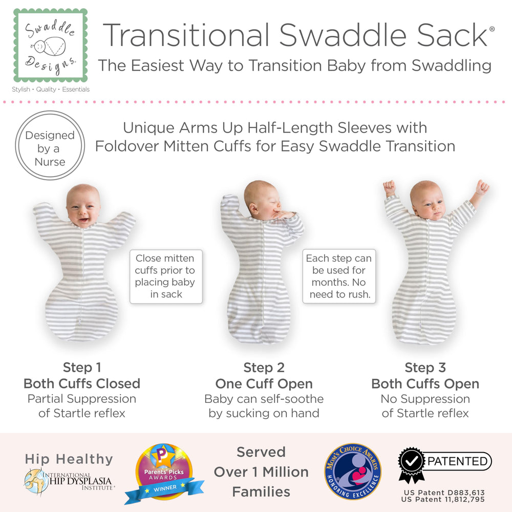 SwaddleDesigns Transitional Swaddle Sack with 2-way zipper for easy diaper changes.