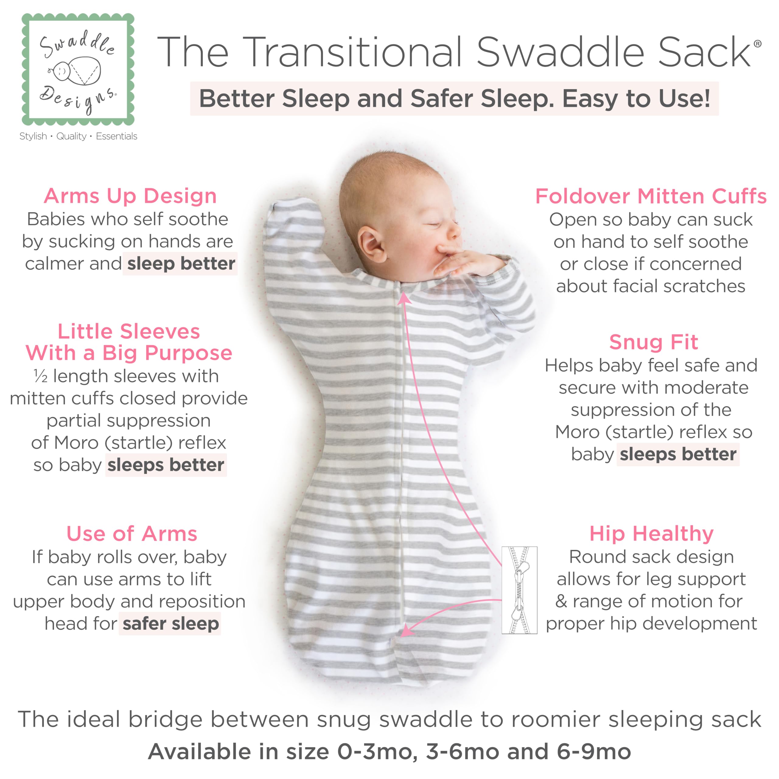 SwaddleDesigns Transitional Swaddle Sack foldover mittens offering flexible sleep options.