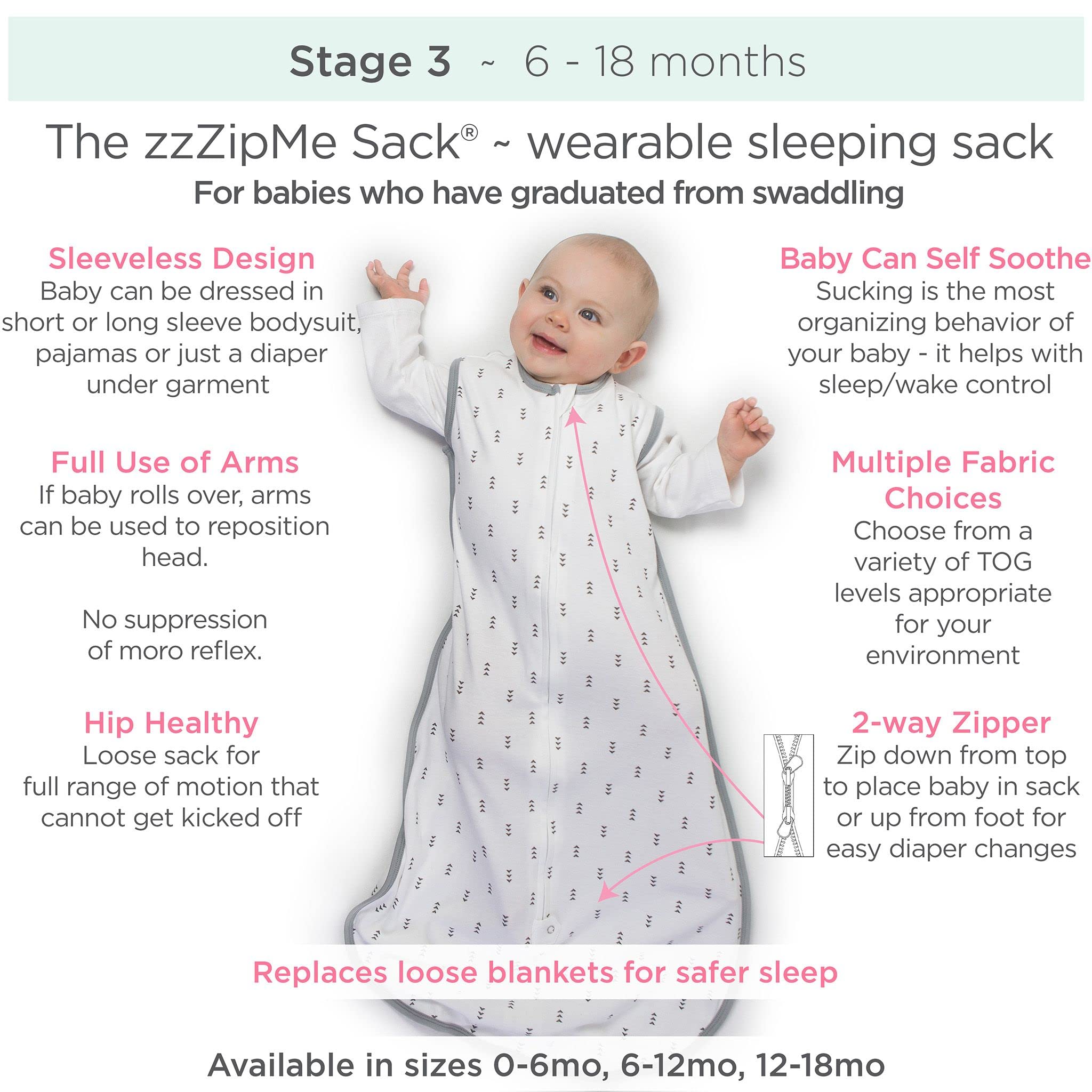 SwaddleDesigns 2way zipper access facilitates easy diaper changes without disturbance.