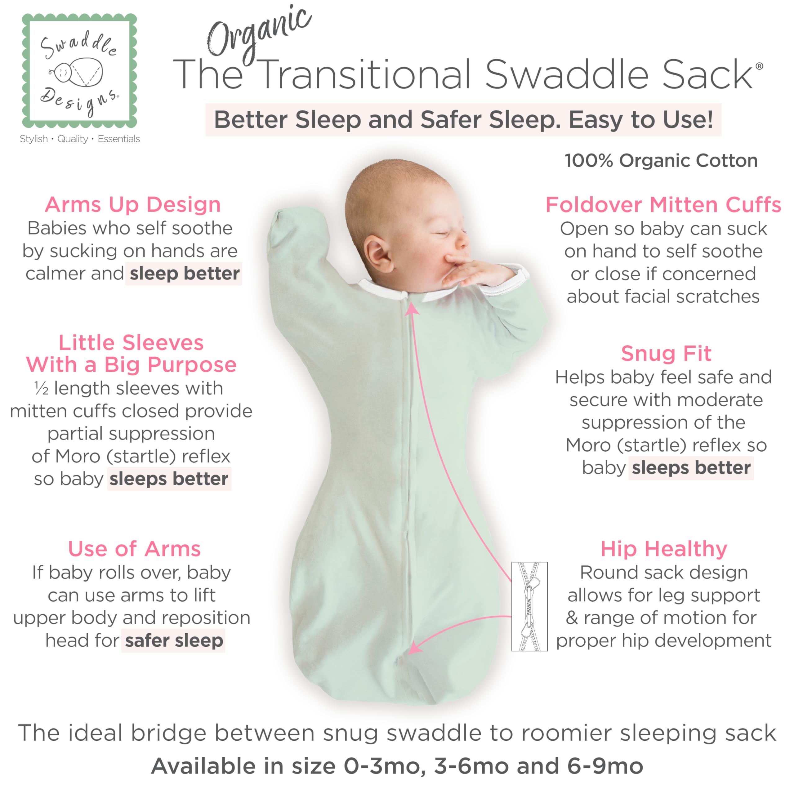 SwaddleDesigns arms-up sleeves with open or closed mitten cuffs for self-soothing.