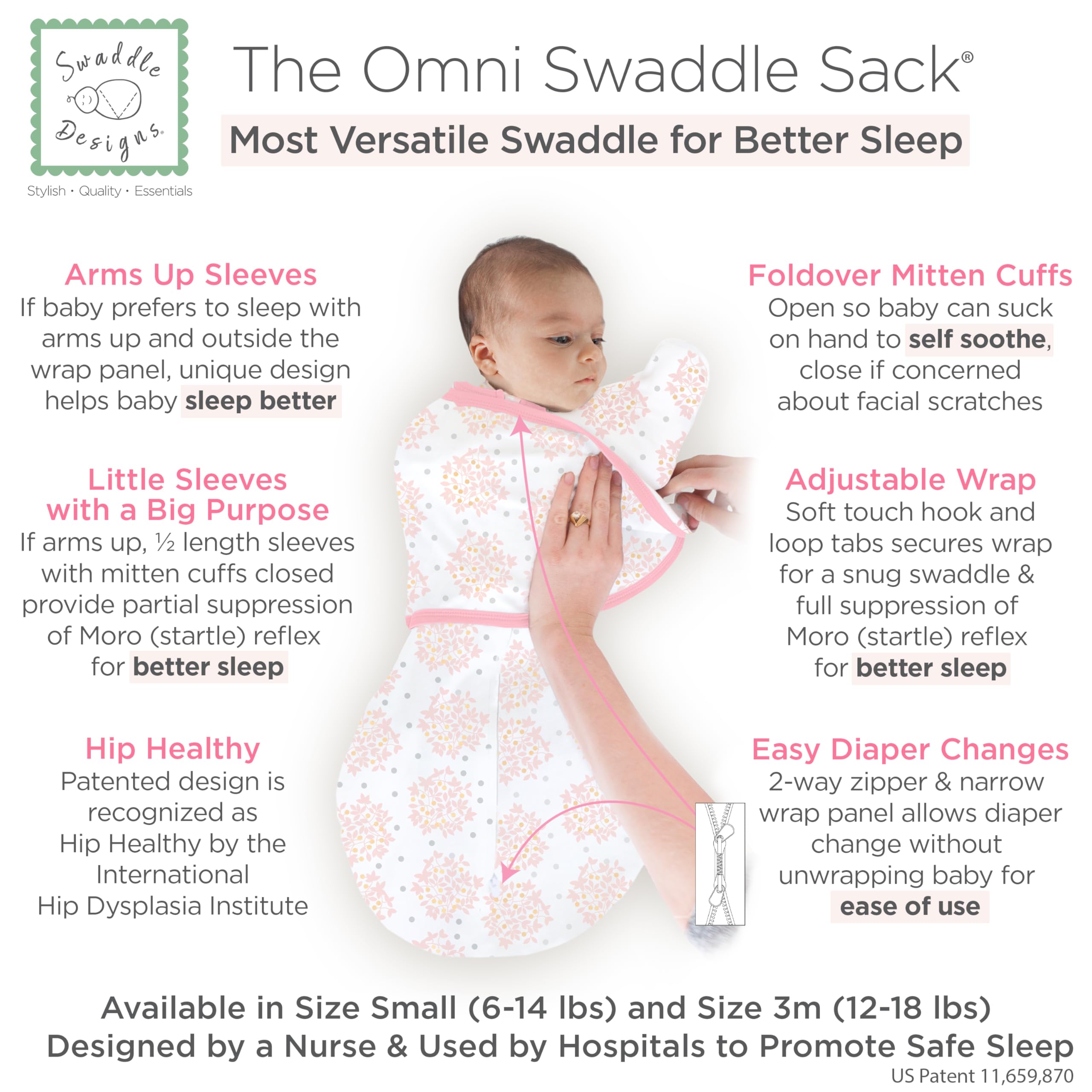 SwaddleDesigns Omni Sack adjustable-wrap demonstrates customizable snugness for growing babies