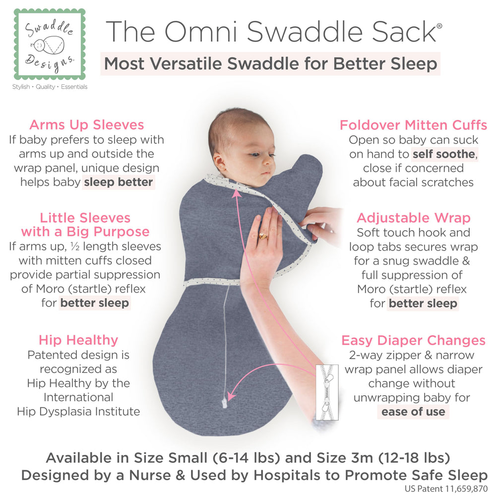 SwaddleDesigns Omni Sleeves arms-up half-length demonstrates arms-up option for self-soothing.
