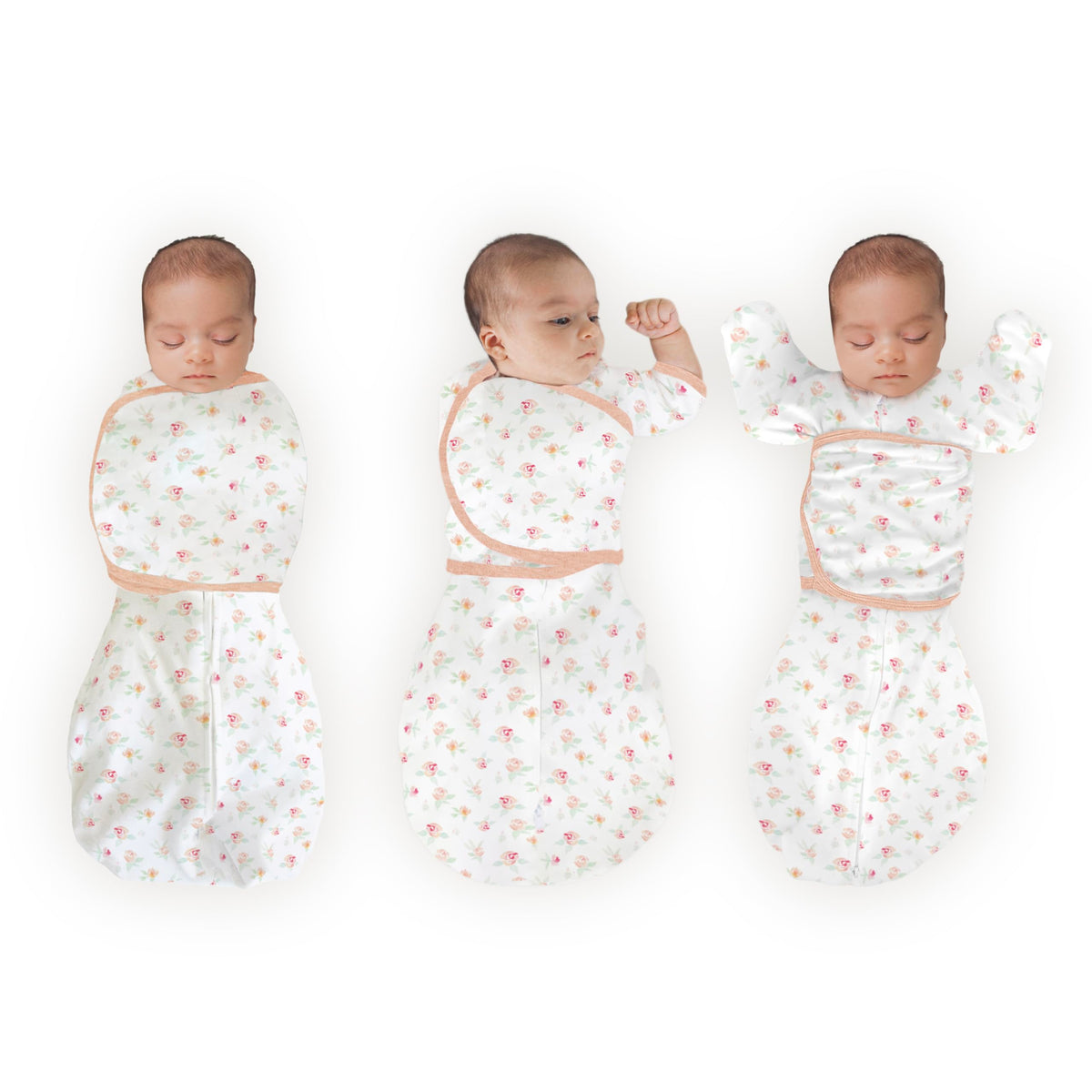 SwaddleDesigns Omni Swaddle Sack arm-up hands-on-chest demonstrates self-soothing potential.