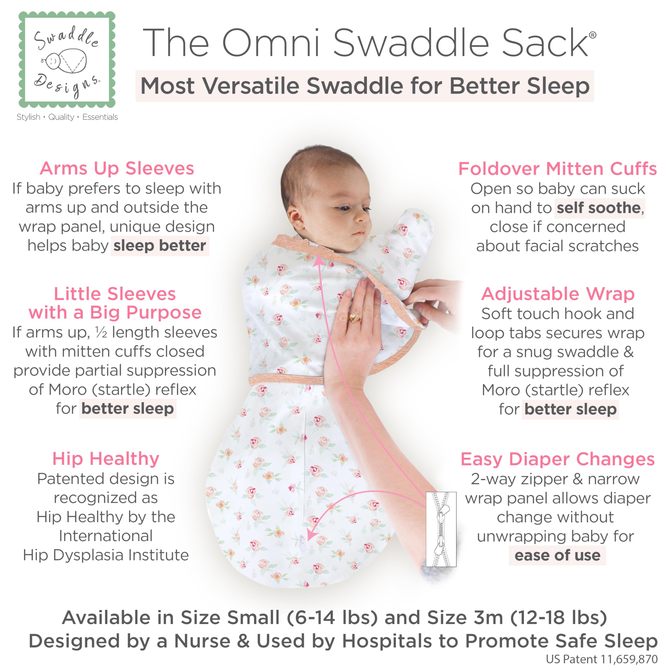 SwaddleDesigns Omni Swaddle Sack arms-up arrangement shows versatile soothing options.