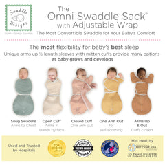SwaddleDesigns Omni Swaddle Sack mitten cuffs open-closed illustrate self-soothe vs facial protection.