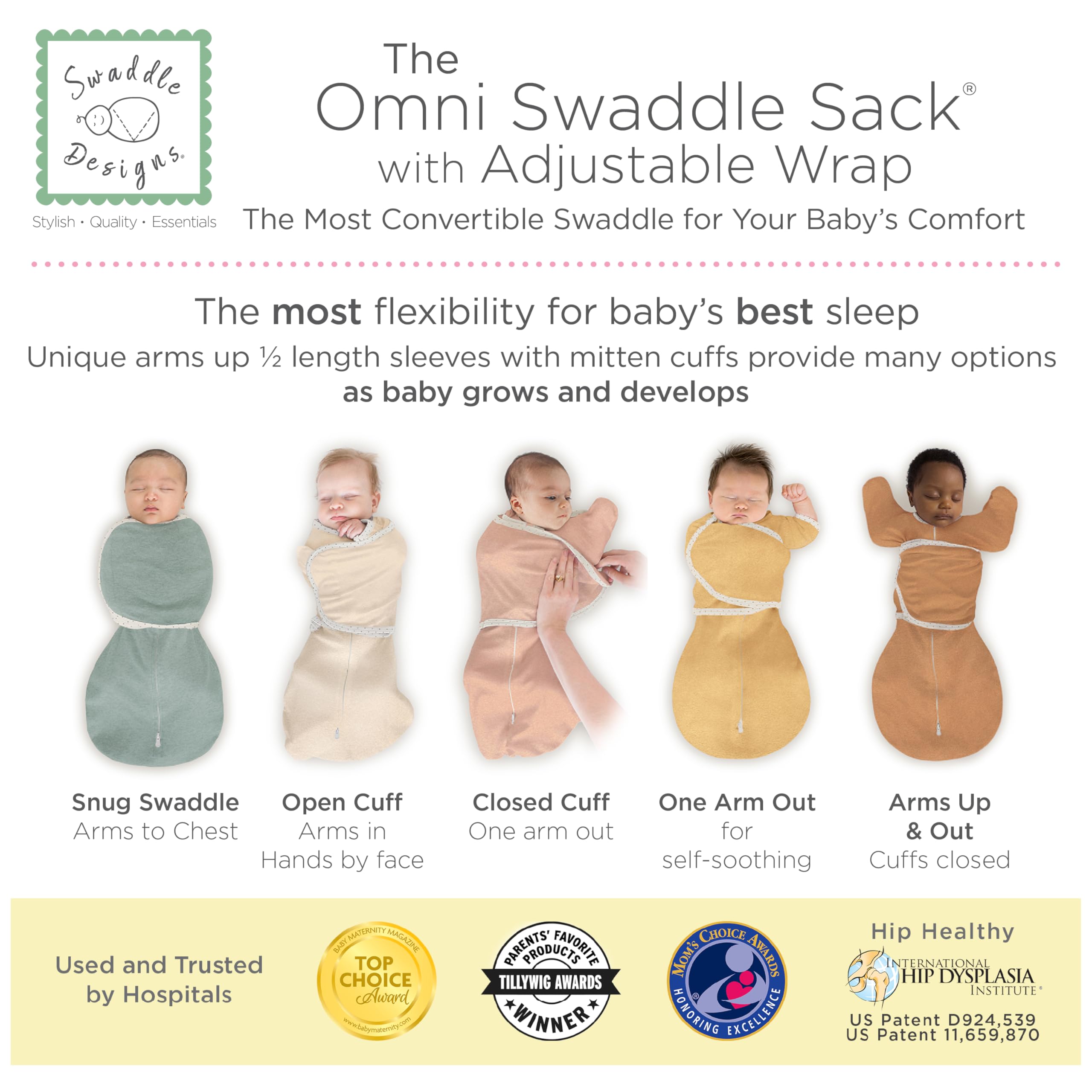 SwaddleDesigns Omni Swaddle Sack 2-way zipper enables quick diaper checks.