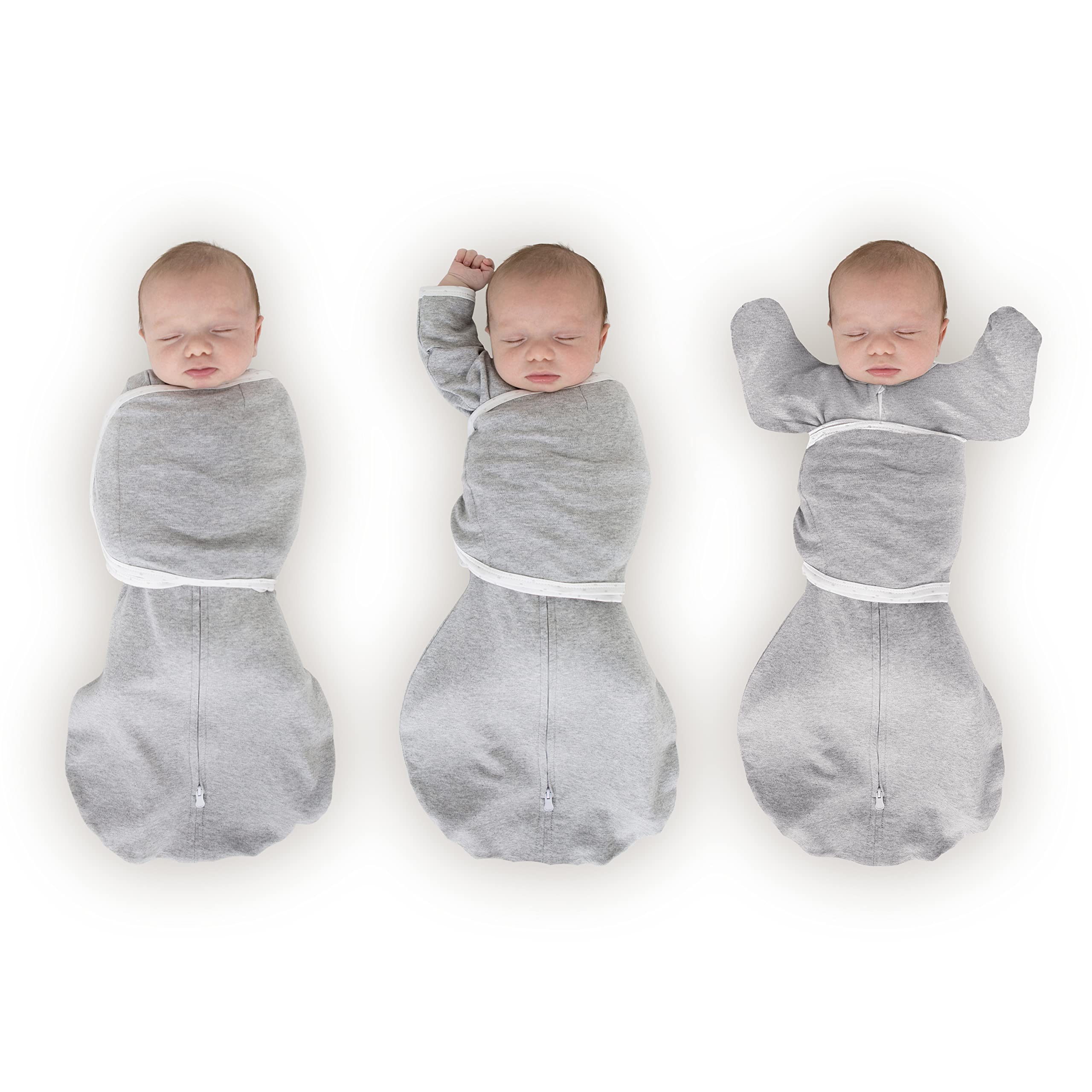 SwaddleDesigns Omni Swaddle Sack arm-up sleeves demonstrates adjustable wrap for calm sleep.
