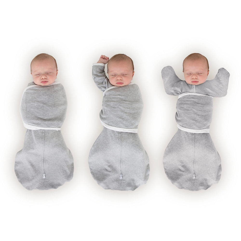 SwaddleDesigns Omni Swaddle Sack arm-up sleeves demonstrates adjustable wrap for calm sleep.