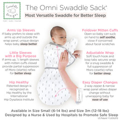 SwaddleDesigns Omni Swaddle Sack arms-down layout demonstrating snug wrap with calm, contained movement.