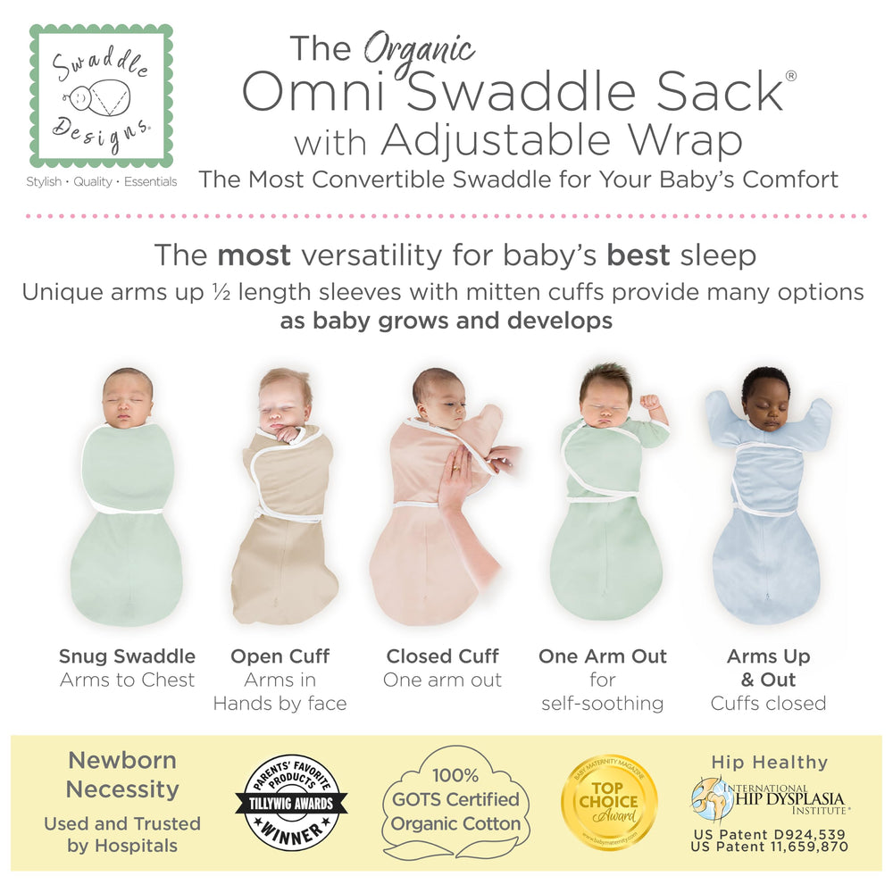 SwaddleDesigns Organic Omni Swaddle Sack 2-way zipper enables quick diaper changes without waking baby.