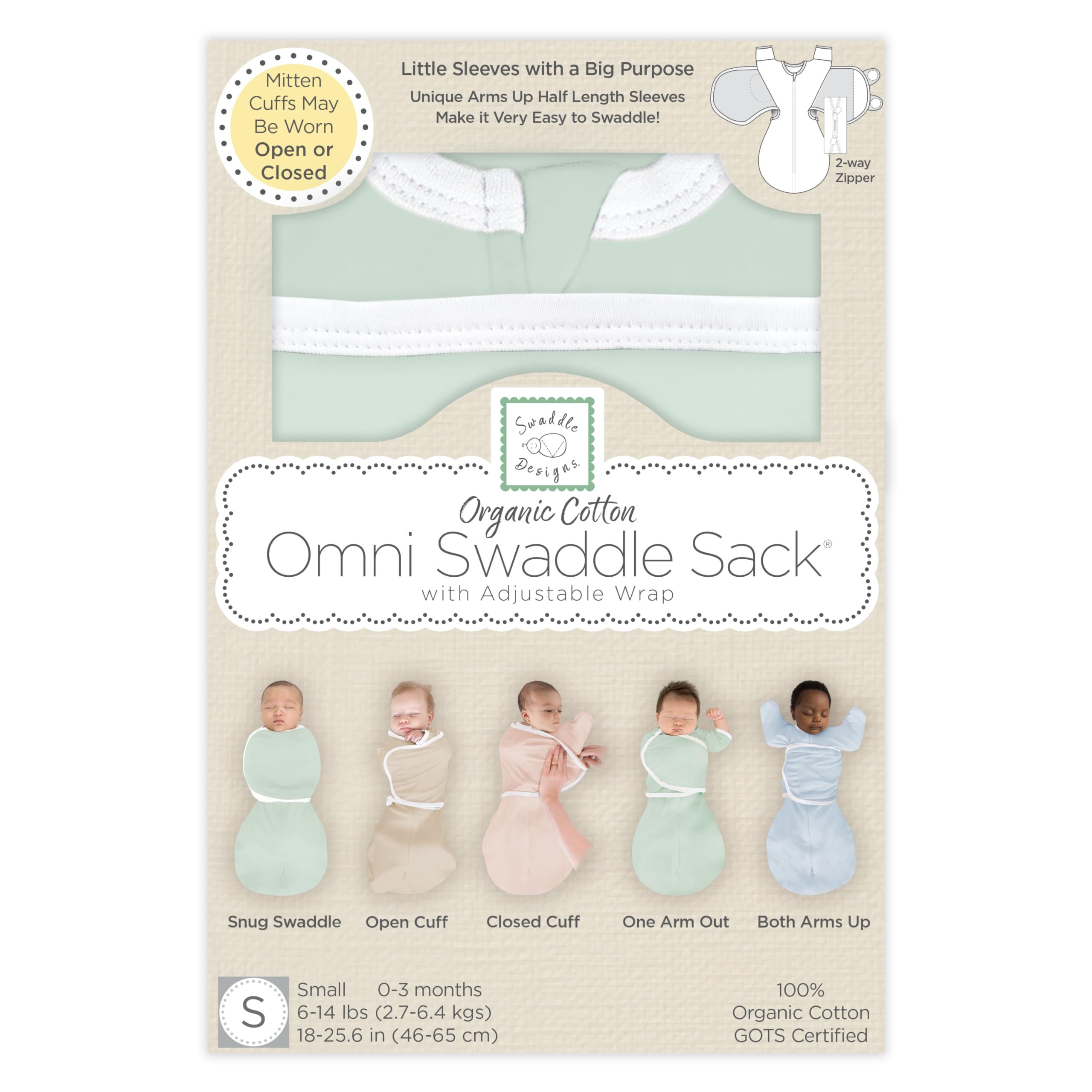 Arms-up transition in SwaddleDesigns Organic Omni Swaddle Sack for ages 0–3 months.