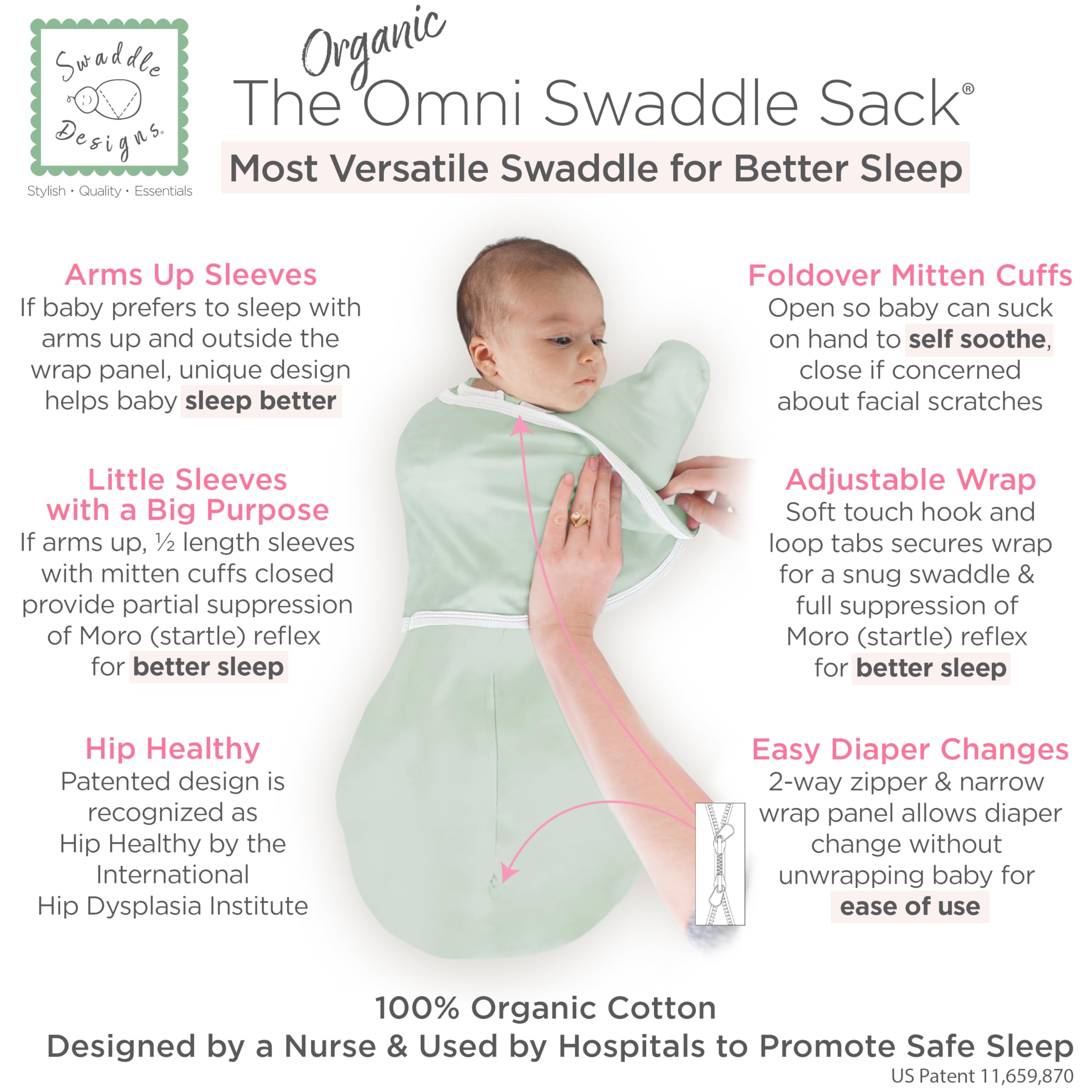 SwaddleDesigns Omni Swaddle Sack mitten cuffs open-close enabling self-soothing.