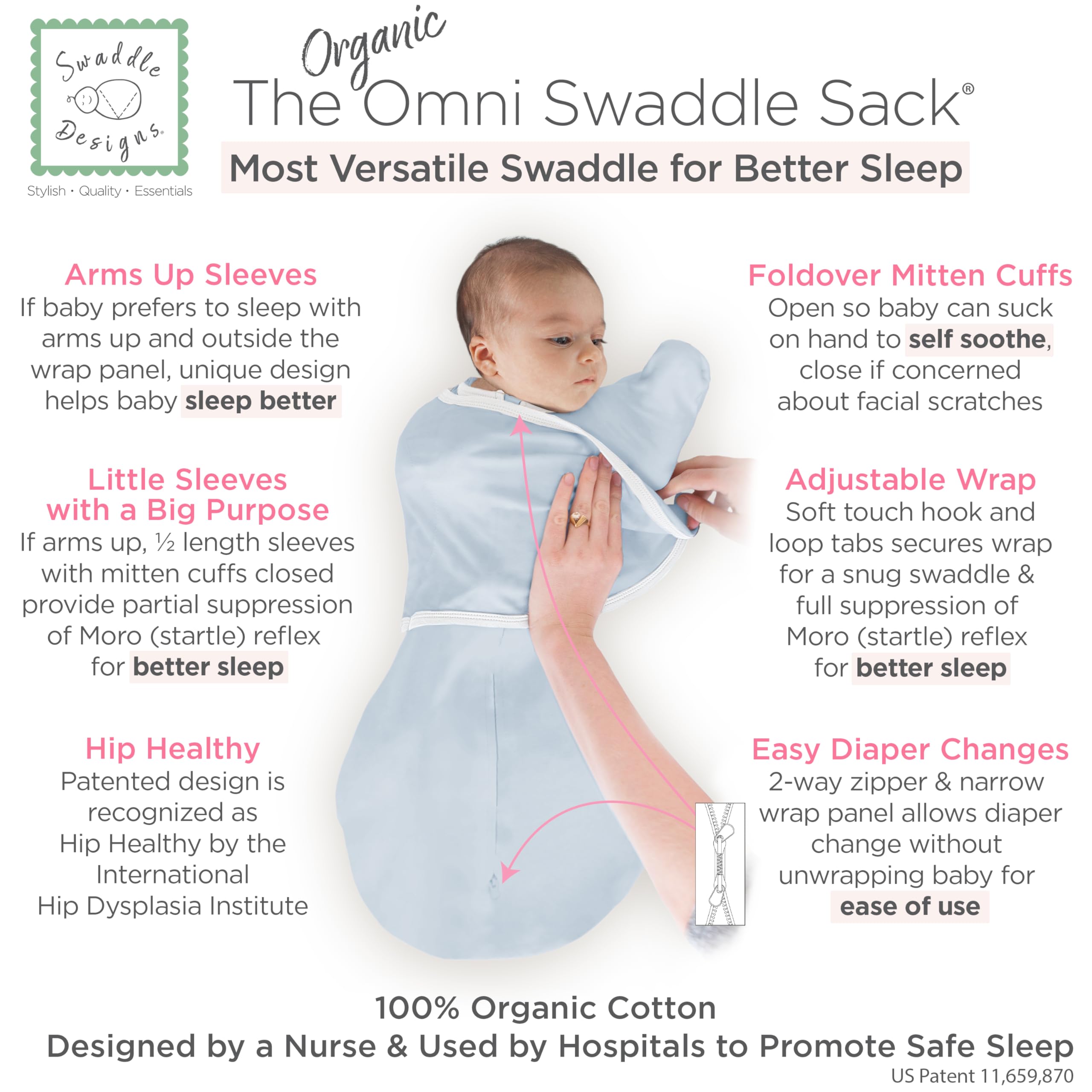SwaddleDesigns Organic Omni Swaddle Sack mitten-cuffs-open enables self-soothing while preventing scratches