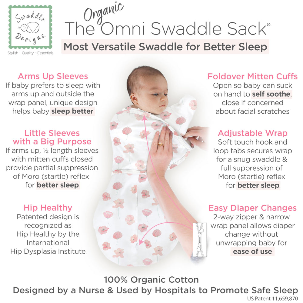 SwaddleDesigns Organic Omni Swaddle Sack mitten cuffs open or closed to soothe.