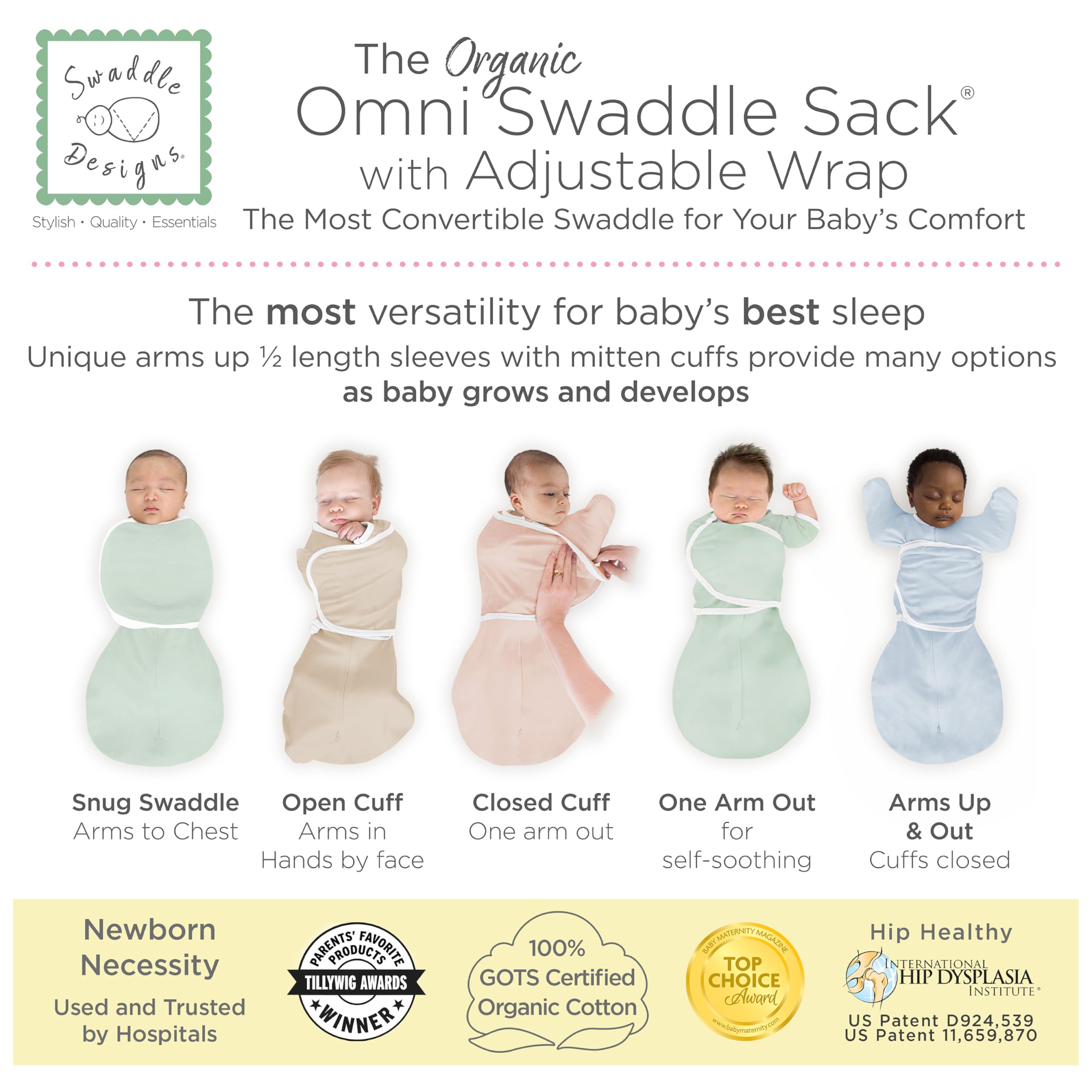 SwaddleDesigns Organic Omni Swaddle Sack narrow-wrap supports hip-friendly positioning as baby grows
