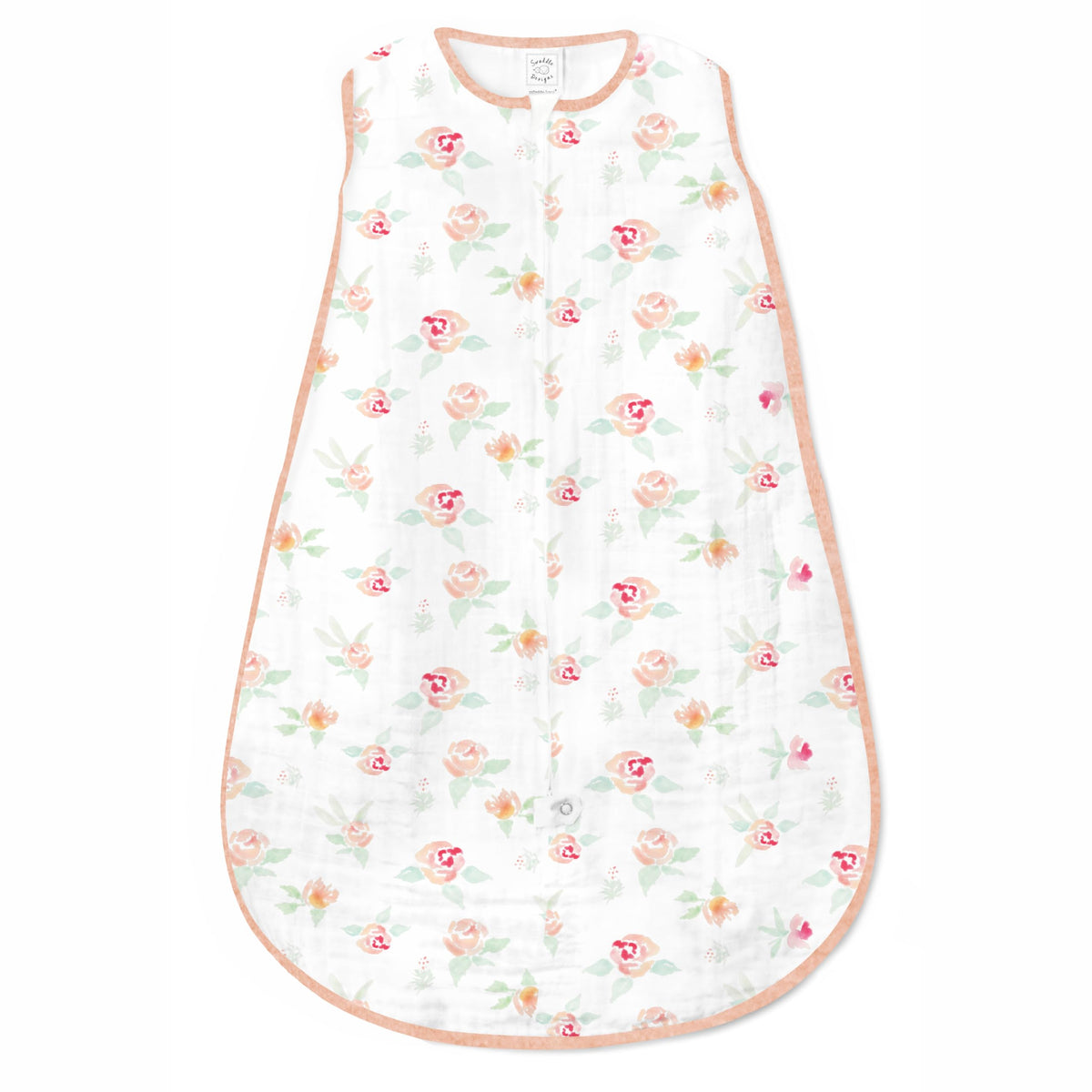 SwaddleDesigns sleep sack watercolor peachy pink floral shows breathable cotton for baby's calm naps.