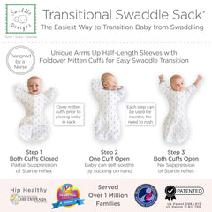 SwaddleDesigns transitional half length sleeves image highlights arms up sleep transition.