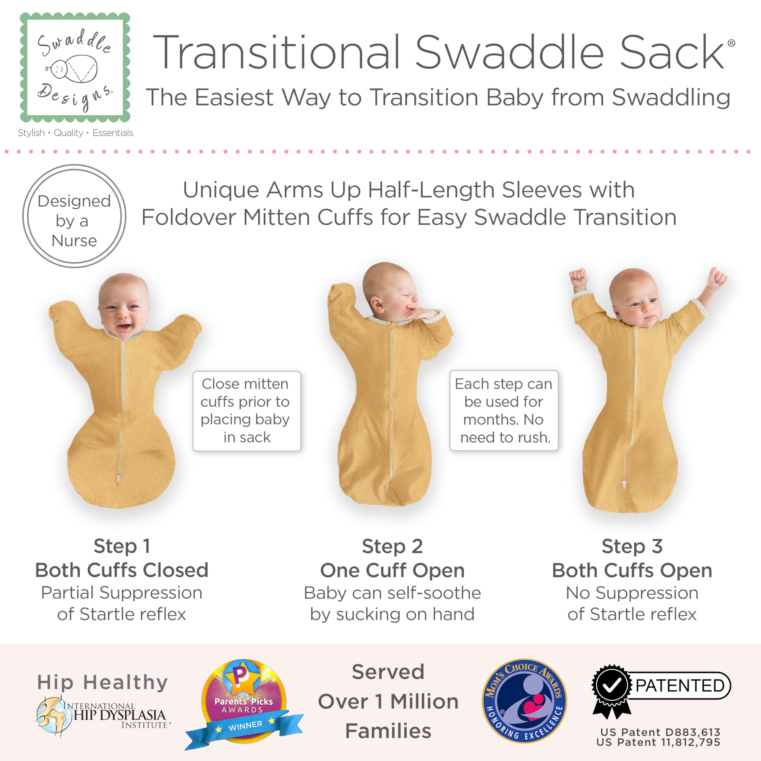 SwaddleDesigns transitional sack zipper view shows 2-way zipper for easy diaper changes.