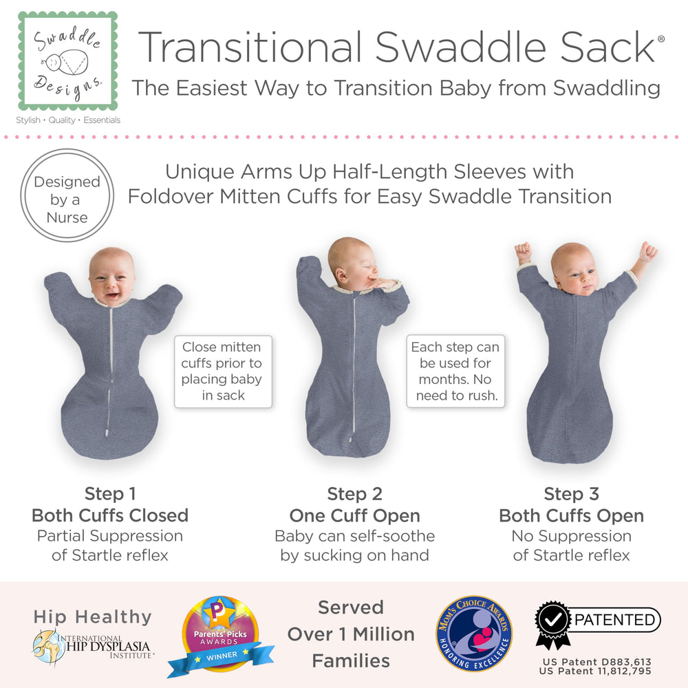 SwaddleDesigns Transitional Swaddle 2-way zipper denim enables easy diaper changes