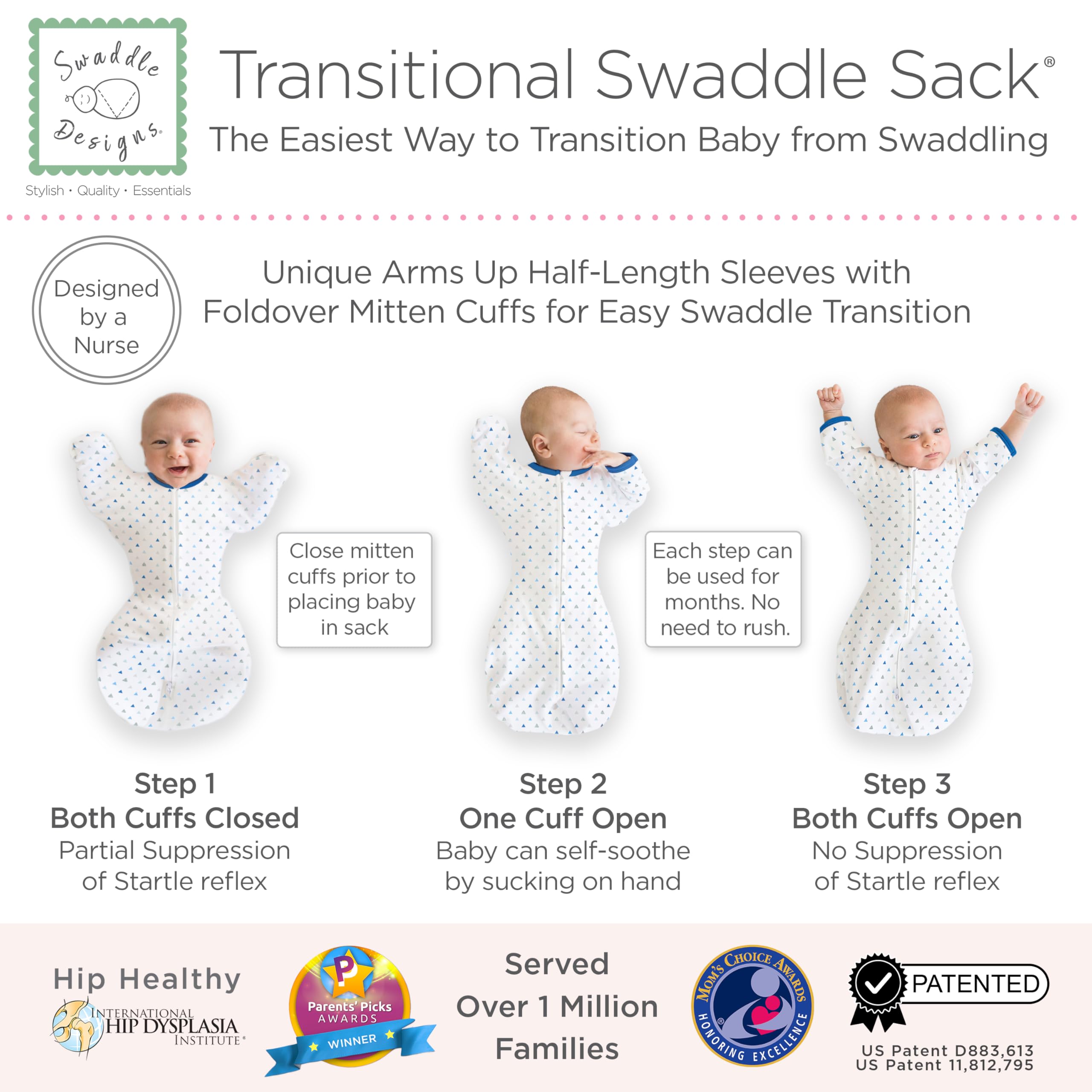 SwaddleDesigns Transitional Swaddle Sack 2-Way Zipper enables easy entry and diaper changes.