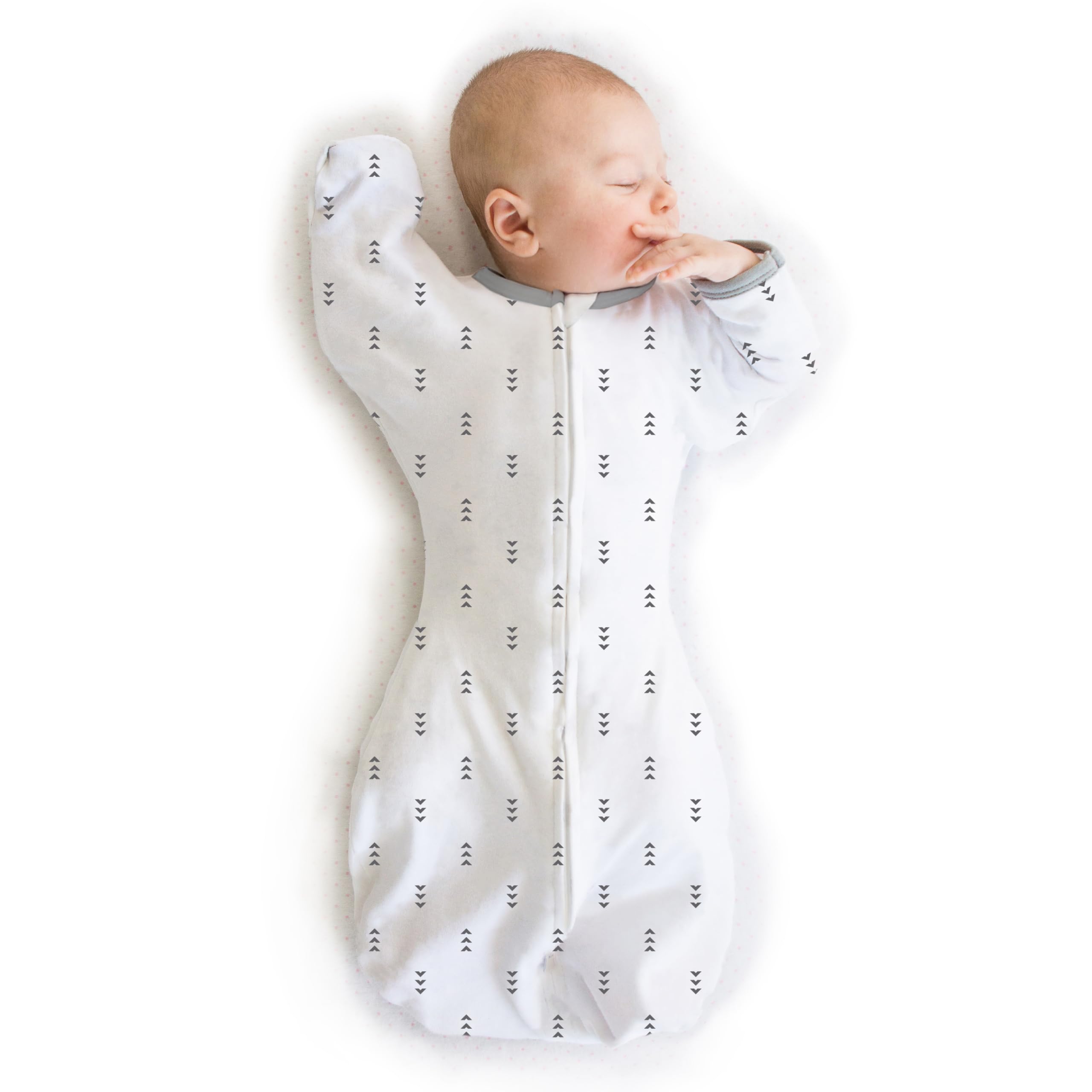 SwaddleDesigns Transitional Swaddle Sack arm-up view supports self-soothing and safe sleep.