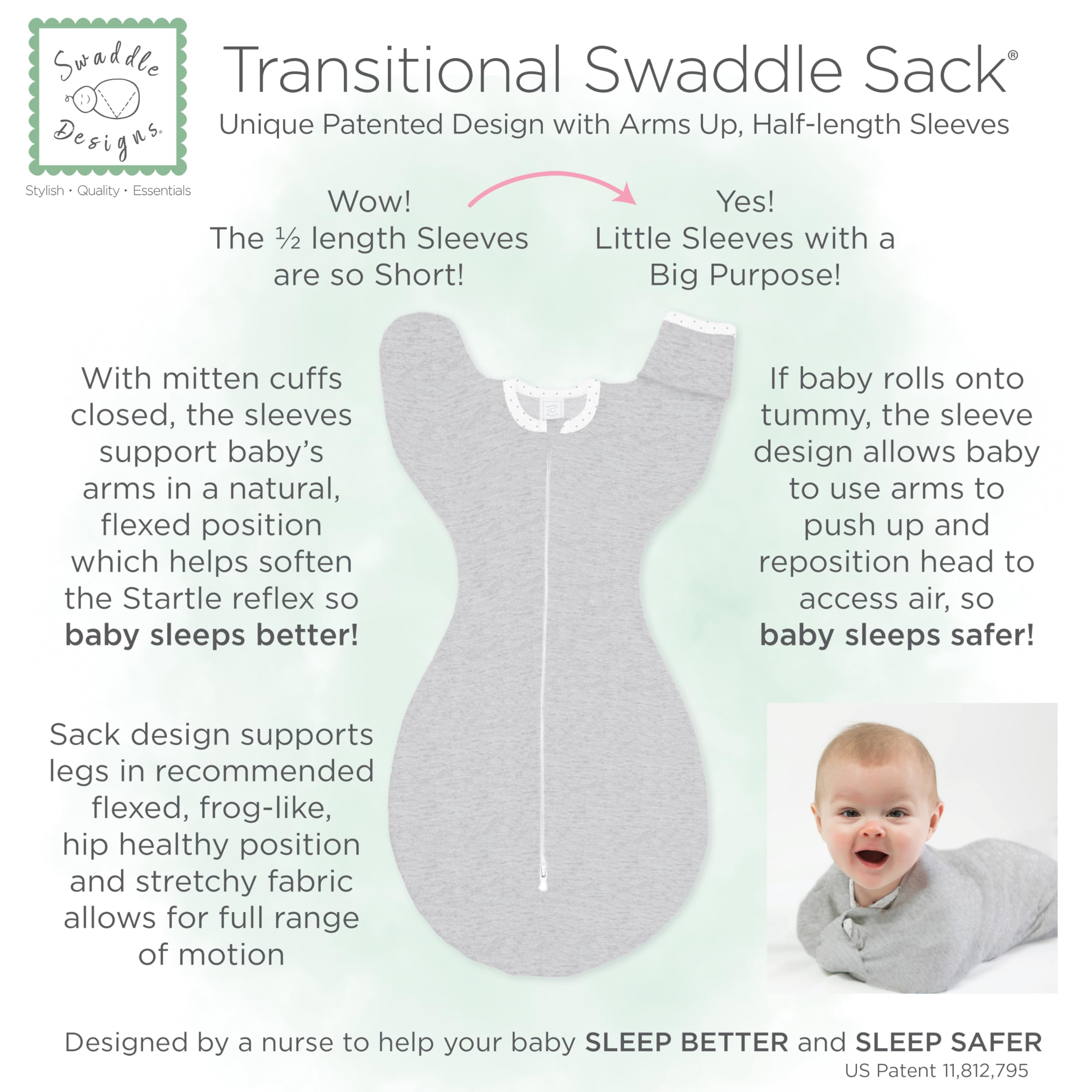 SwaddleDesigns Transitional Swaddle Sack foldover cuffs open or closed for self soothing