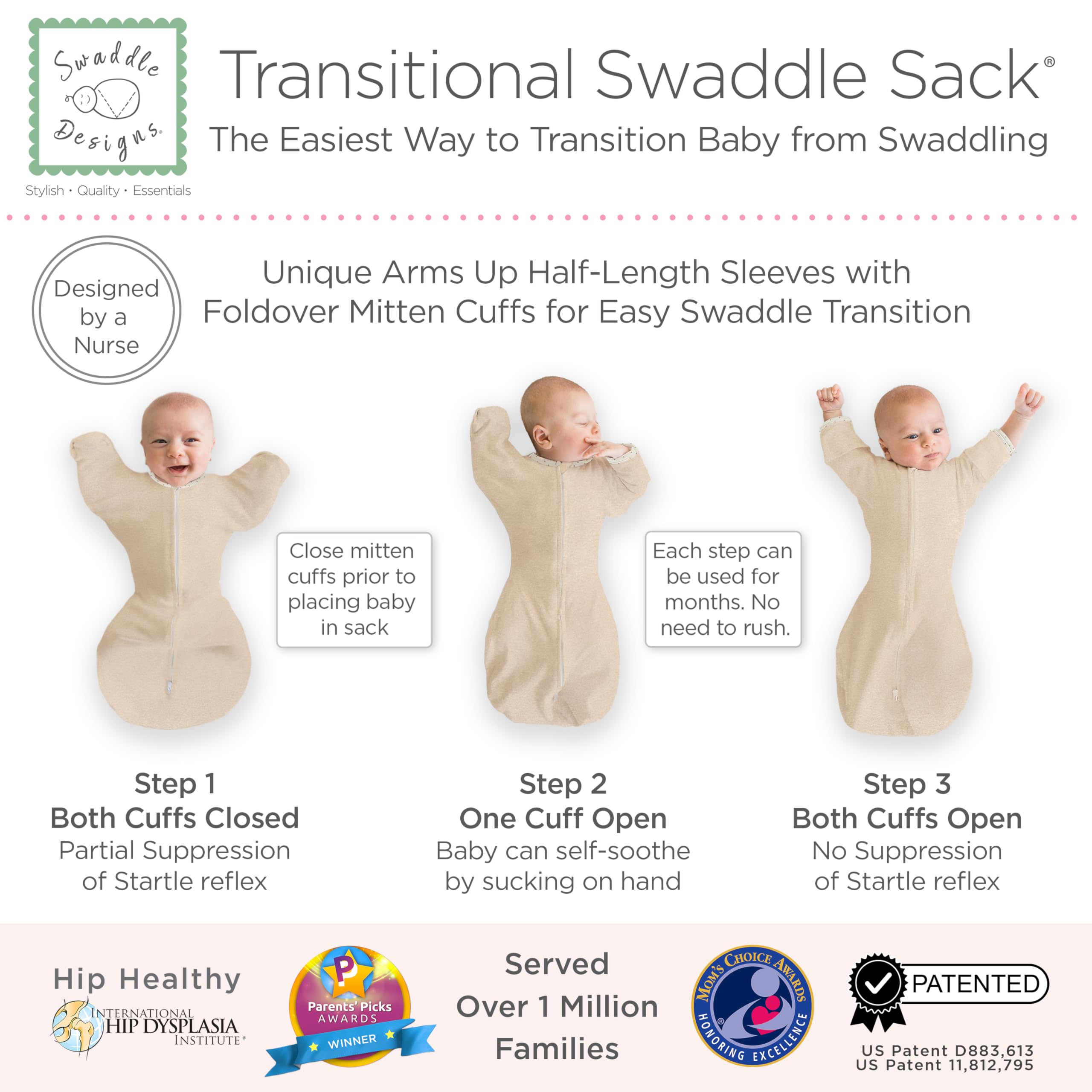 SwaddleDesigns Transitional Swaddle Sack half-length sleeves provide snug feel with flexible cuffs