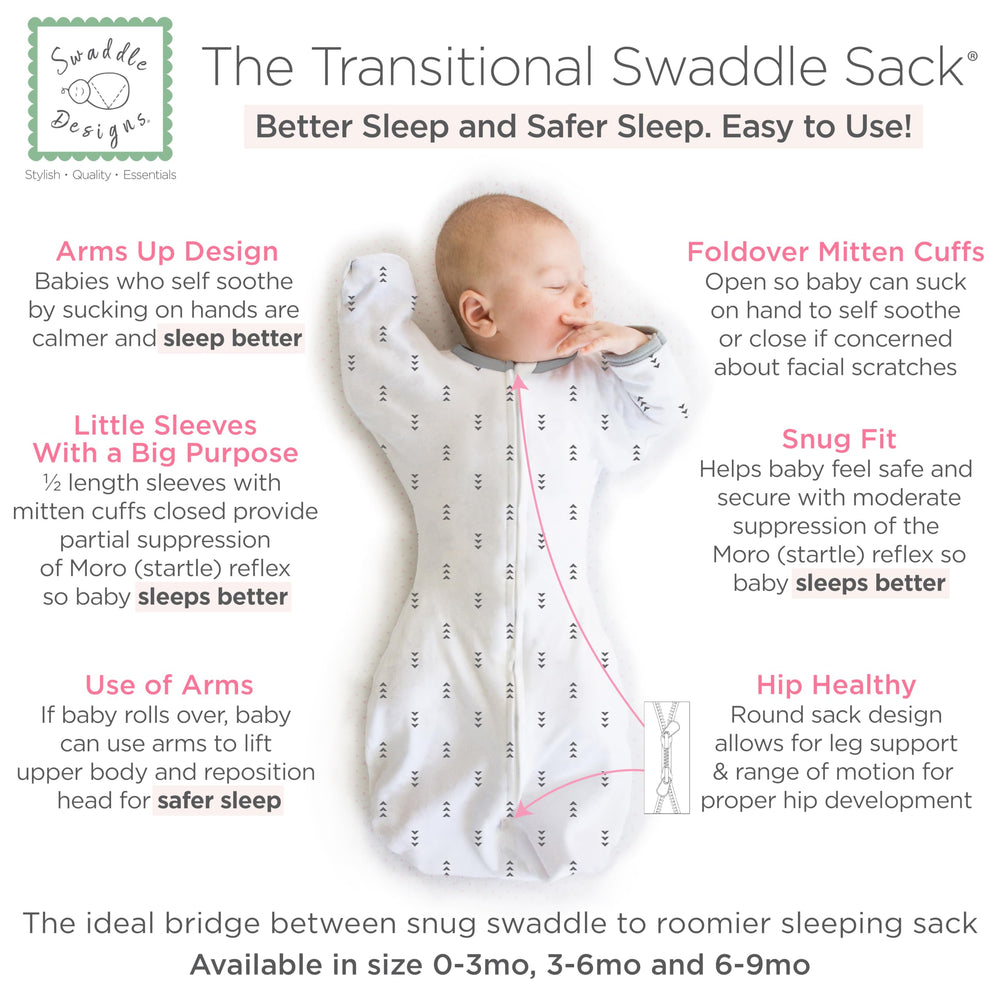 SwaddleDesigns Transitional Swaddle Sack half-sleeves show arm-up comfort for transition.