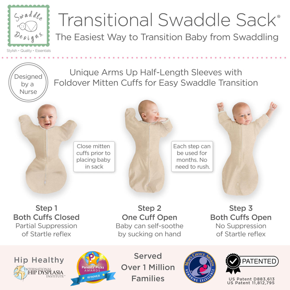 SwaddleDesigns Transitional Swaddle Sack mitten-cuffs closed for snug Moro reflex control.