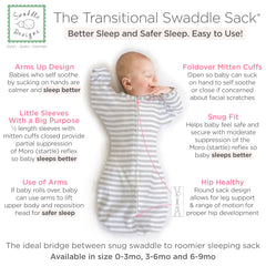 SwaddleDesigns Transitional Swaddle Sack mitten cuffs closed; snug swaddle with partial arm restraint.