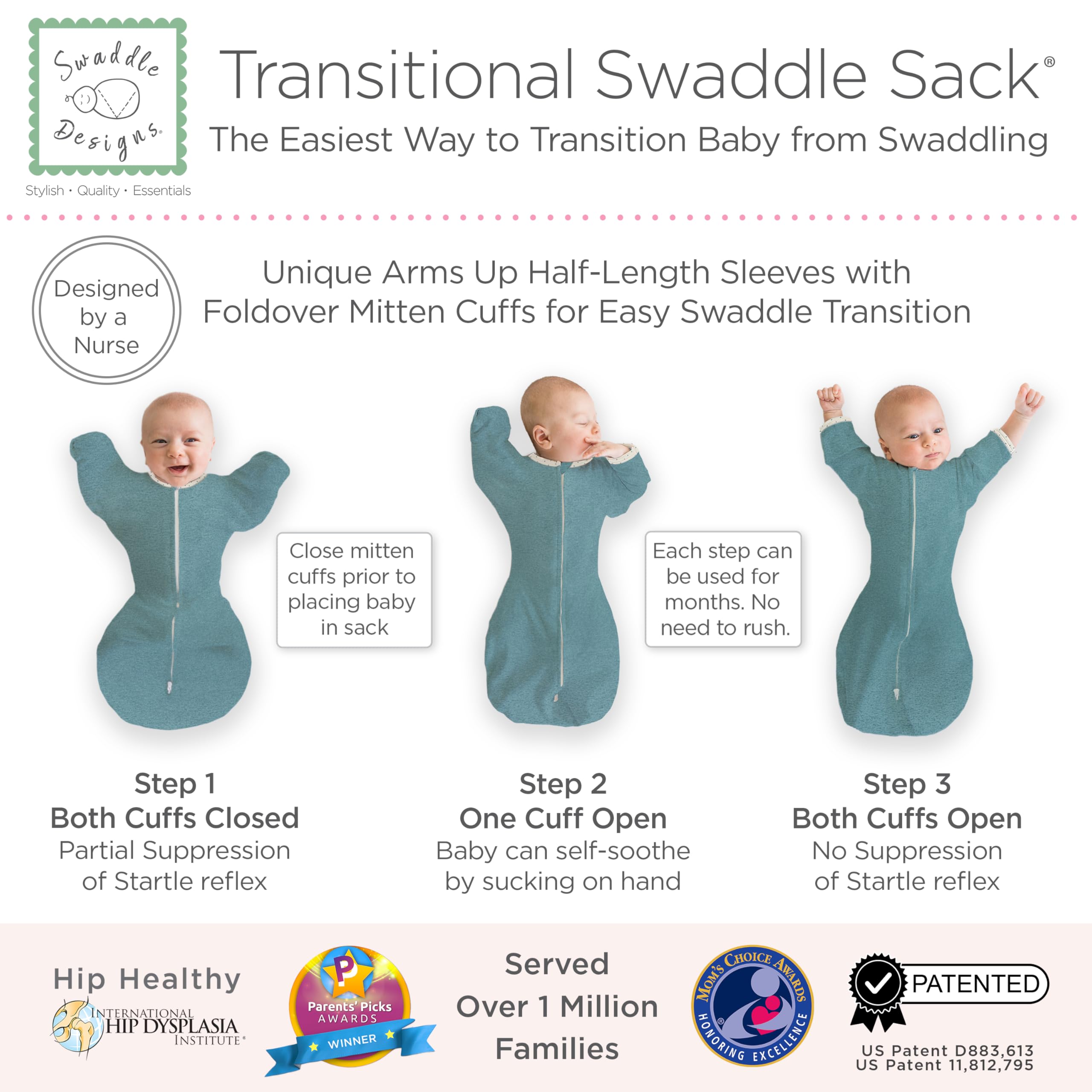 SwaddleDesigns Transitional Swaddle Sack mitten cuffs open or closed aid soothing
