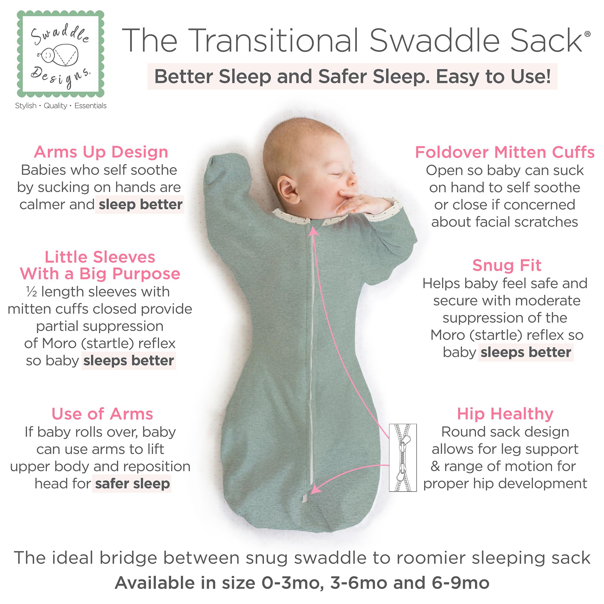 SwaddleDesigns Transitional Swaddle Sack mitten cuffs open for self-soothing