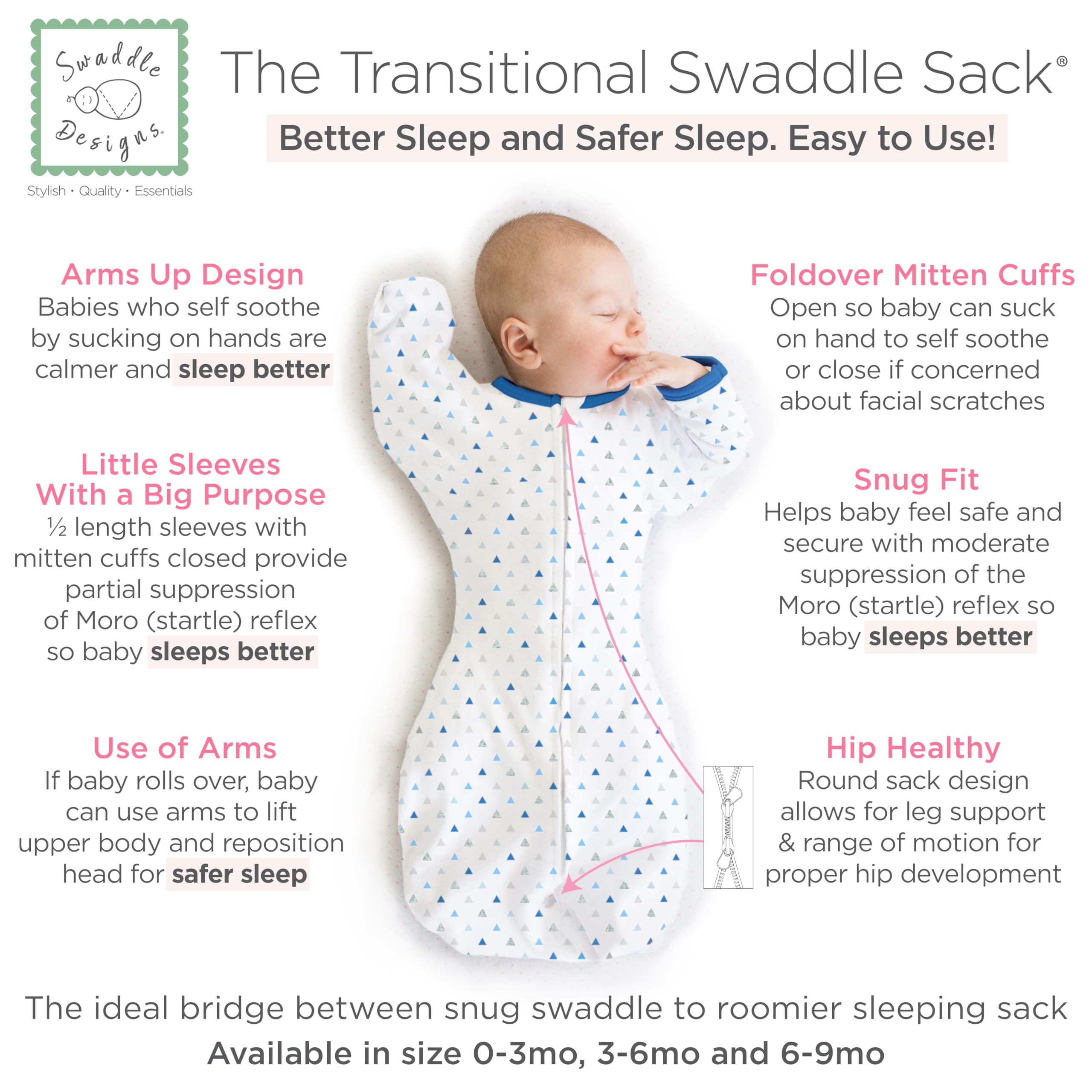 SwaddleDesigns Transitional Swaddle Sack Mitten-Cuffs protect baby from scratches while soothing.