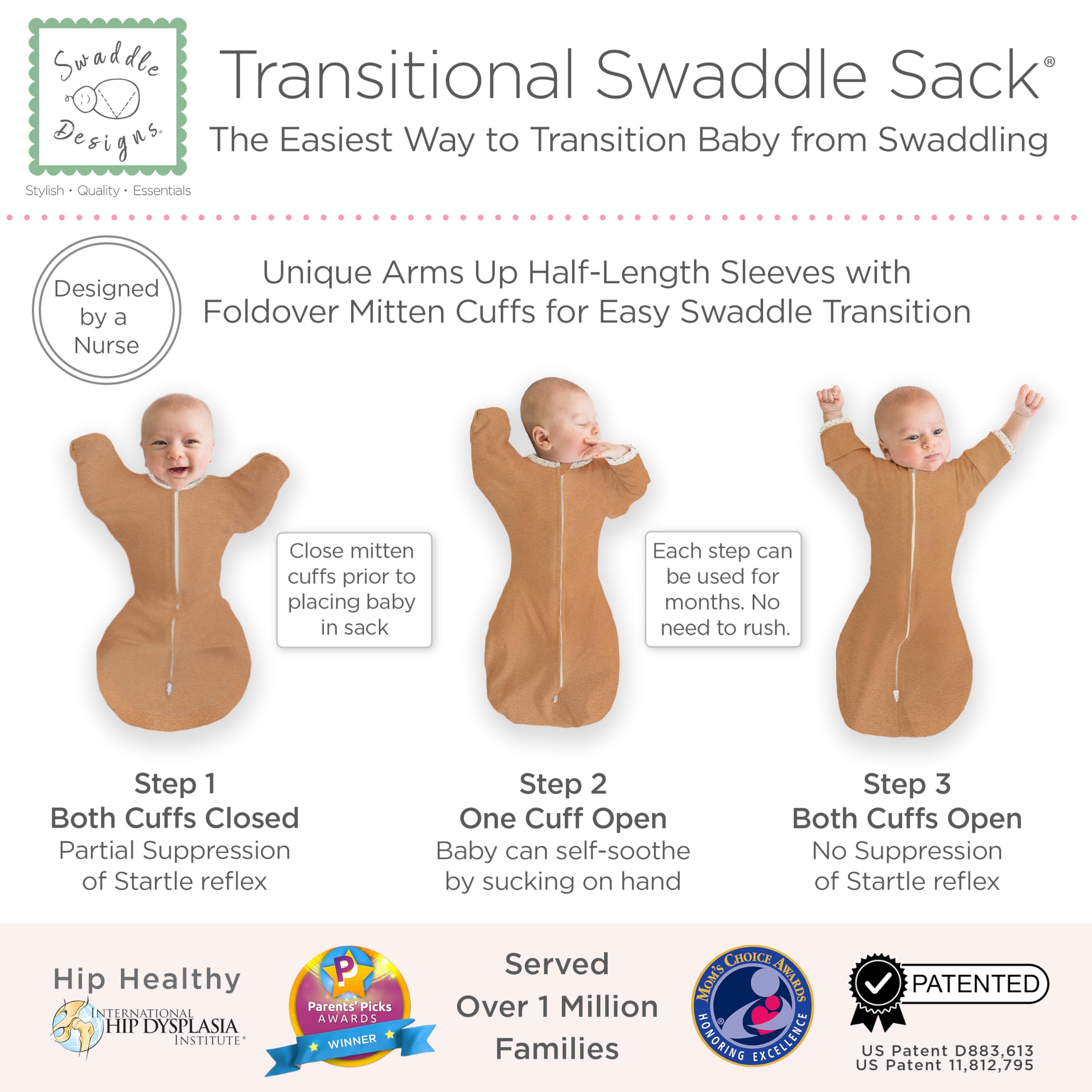 SwaddleDesigns Transitional Swaddle Sack two-way zipper for easy diaper changes