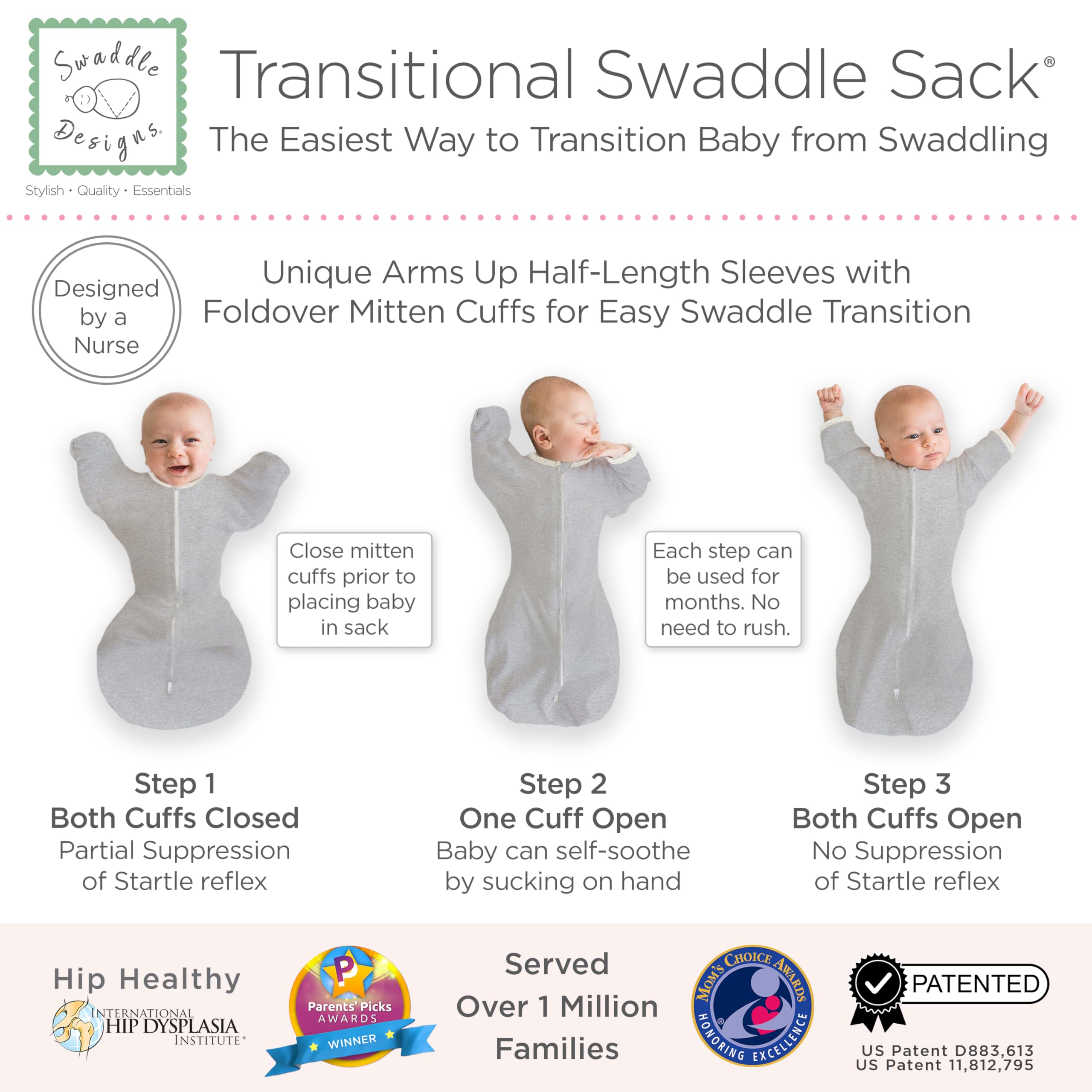 SwaddleDesigns transitional swaddle sack two-way zipper enables easy diaper changes.