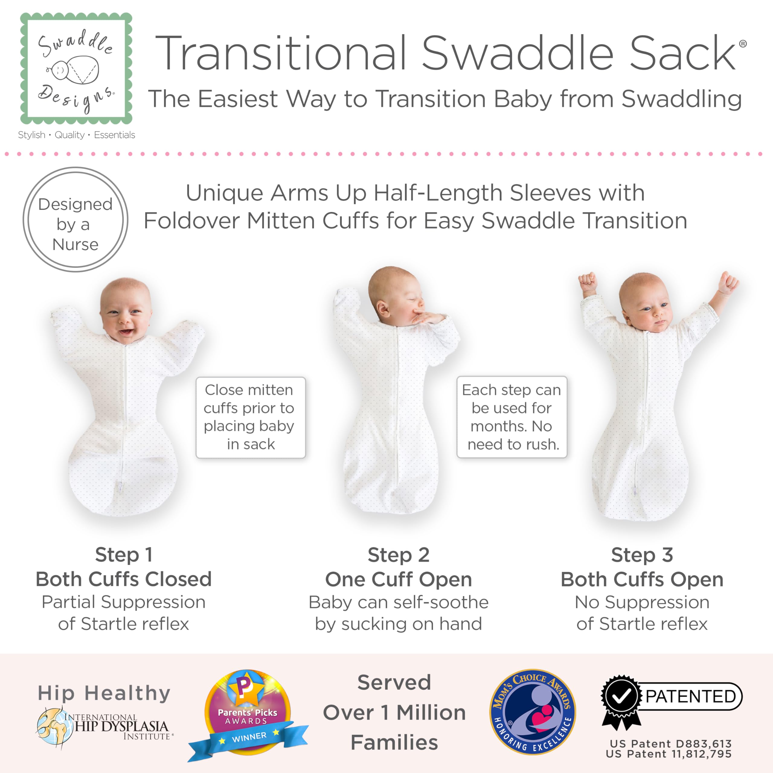 SwaddleDesigns Transitional Swaddle Sack two-way zipper for easy diaper changes