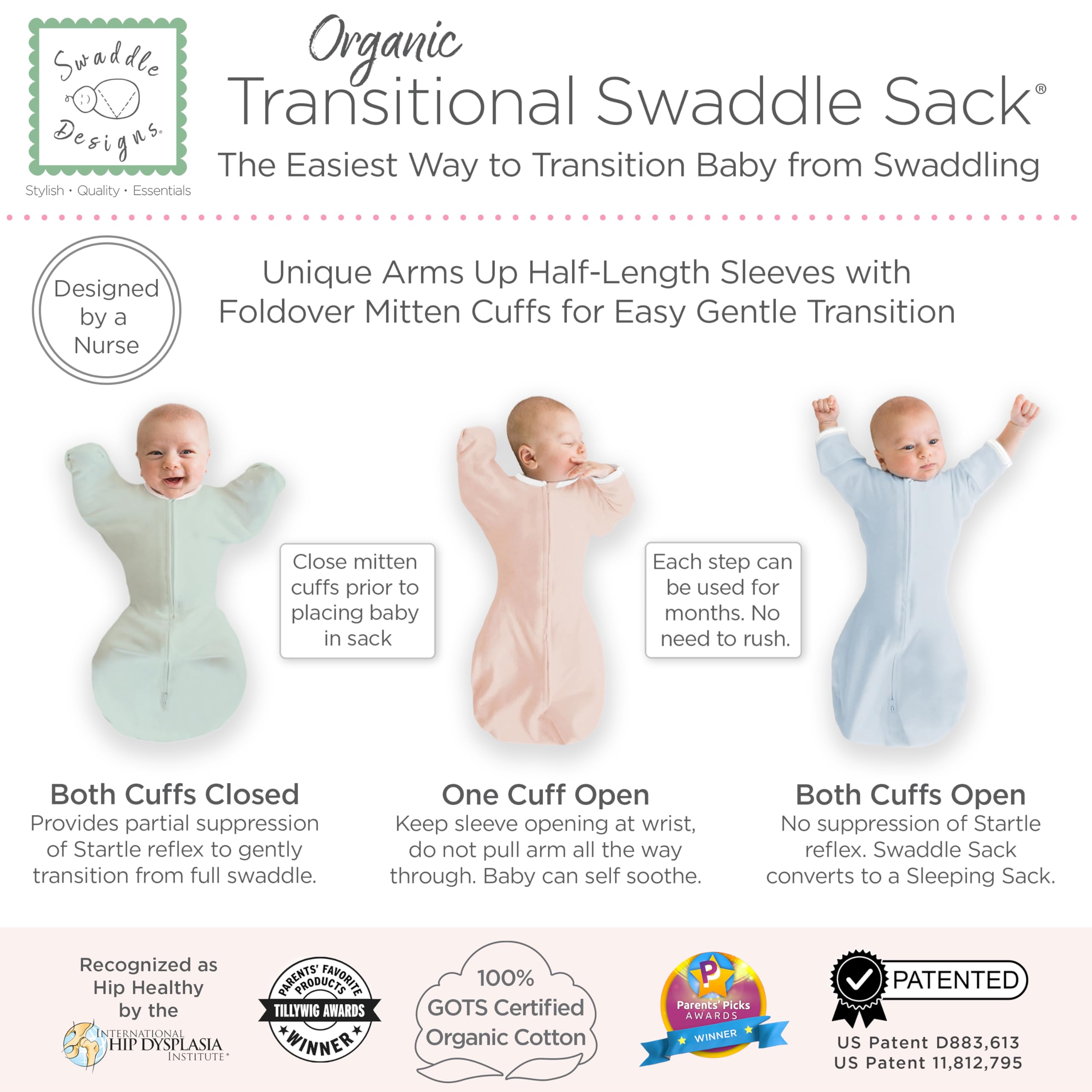SwaddleDesigns two-way zipper with guard enables easy diaper changes without skin irritation.