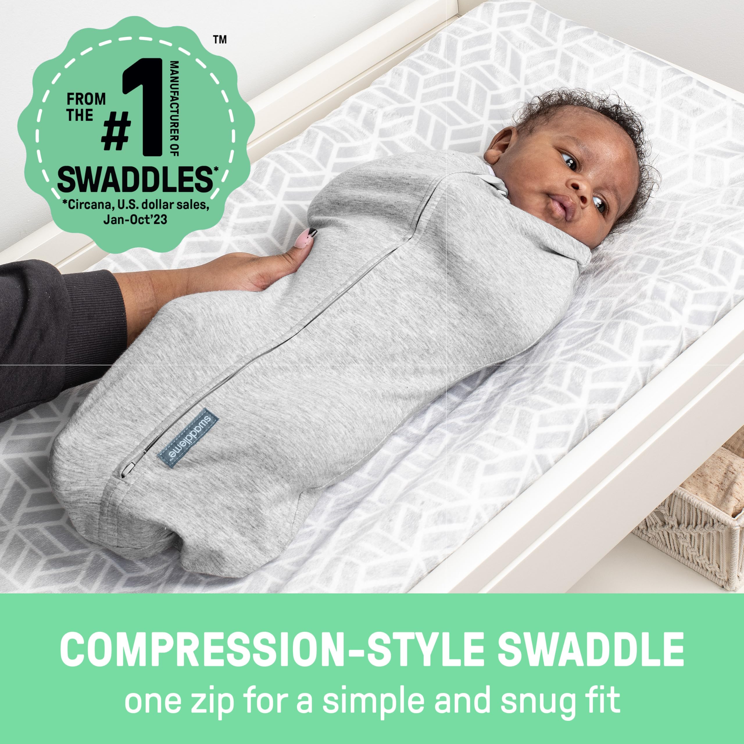 SwaddleMe by Ingenuity Pod two-way zipper enables quick diaper changes.
