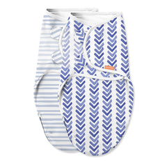 SwaddleMe Luxe Easy Change Swaddle Water Color Indigo on baby with arms in for soothing sleep