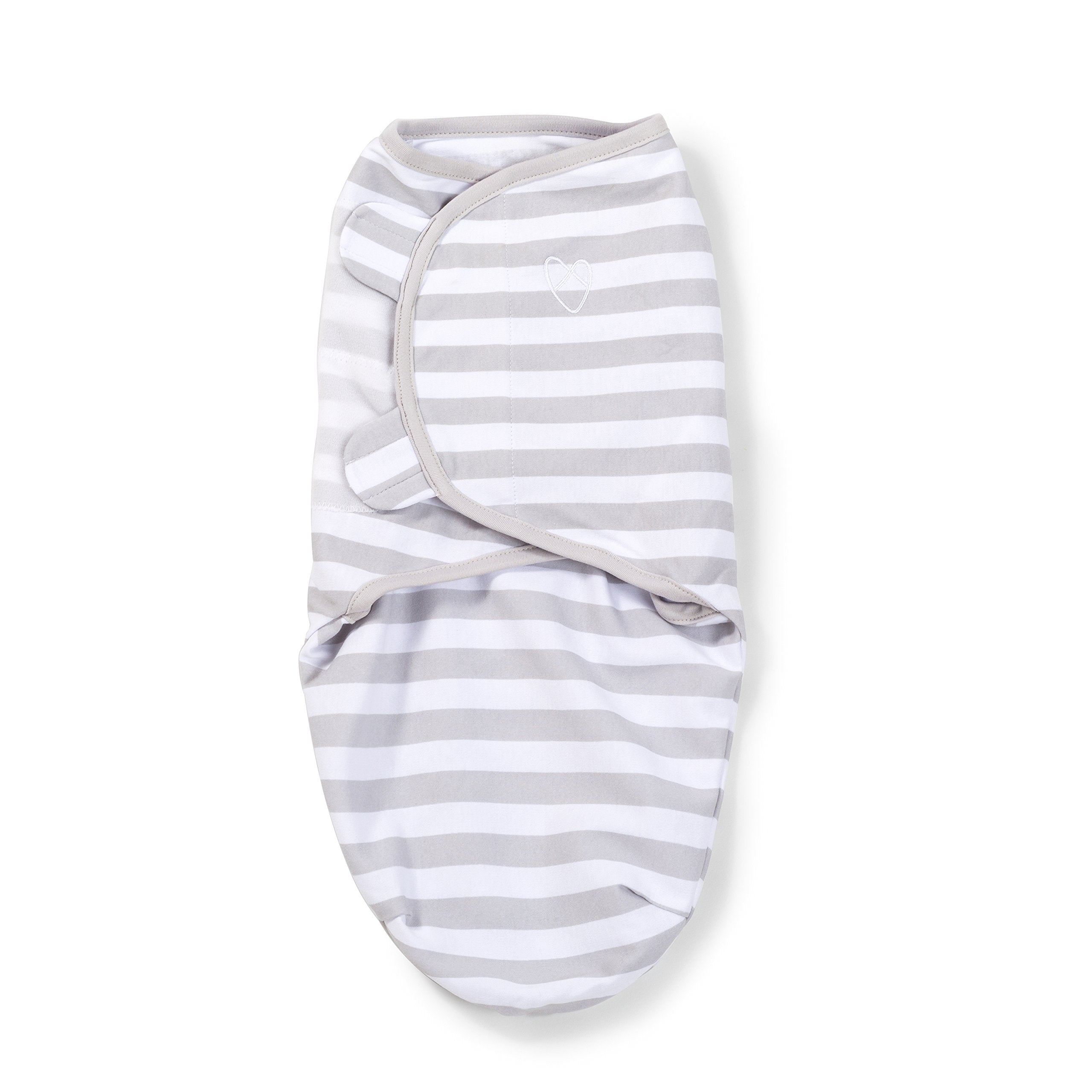 SwaddleMe Original Swaddle small Grey Dot Stripe arm-in position demonstrates stage-1 wrap.